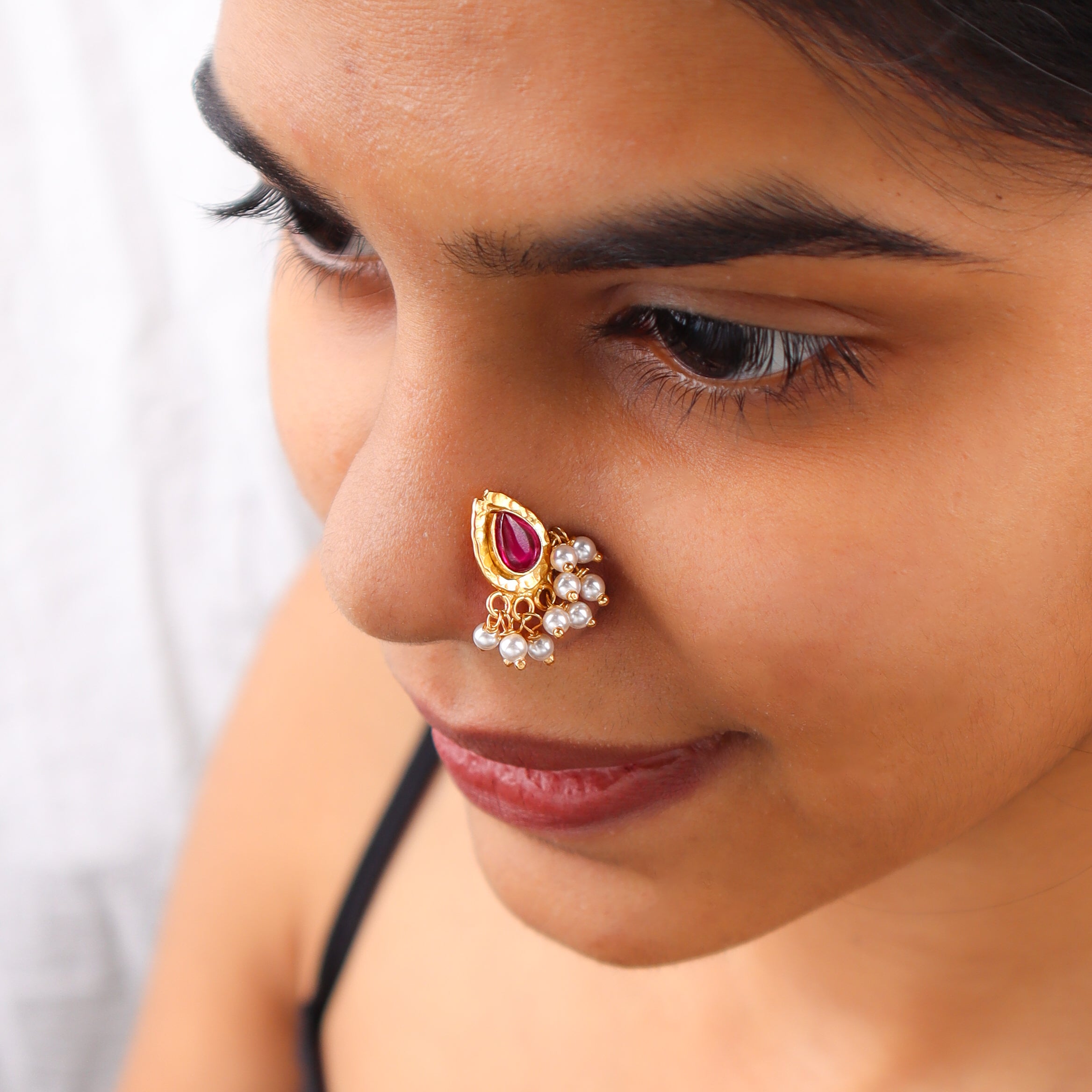 Pink Drop Pierced Nose Pin | 22K Gold-Plated (Large)