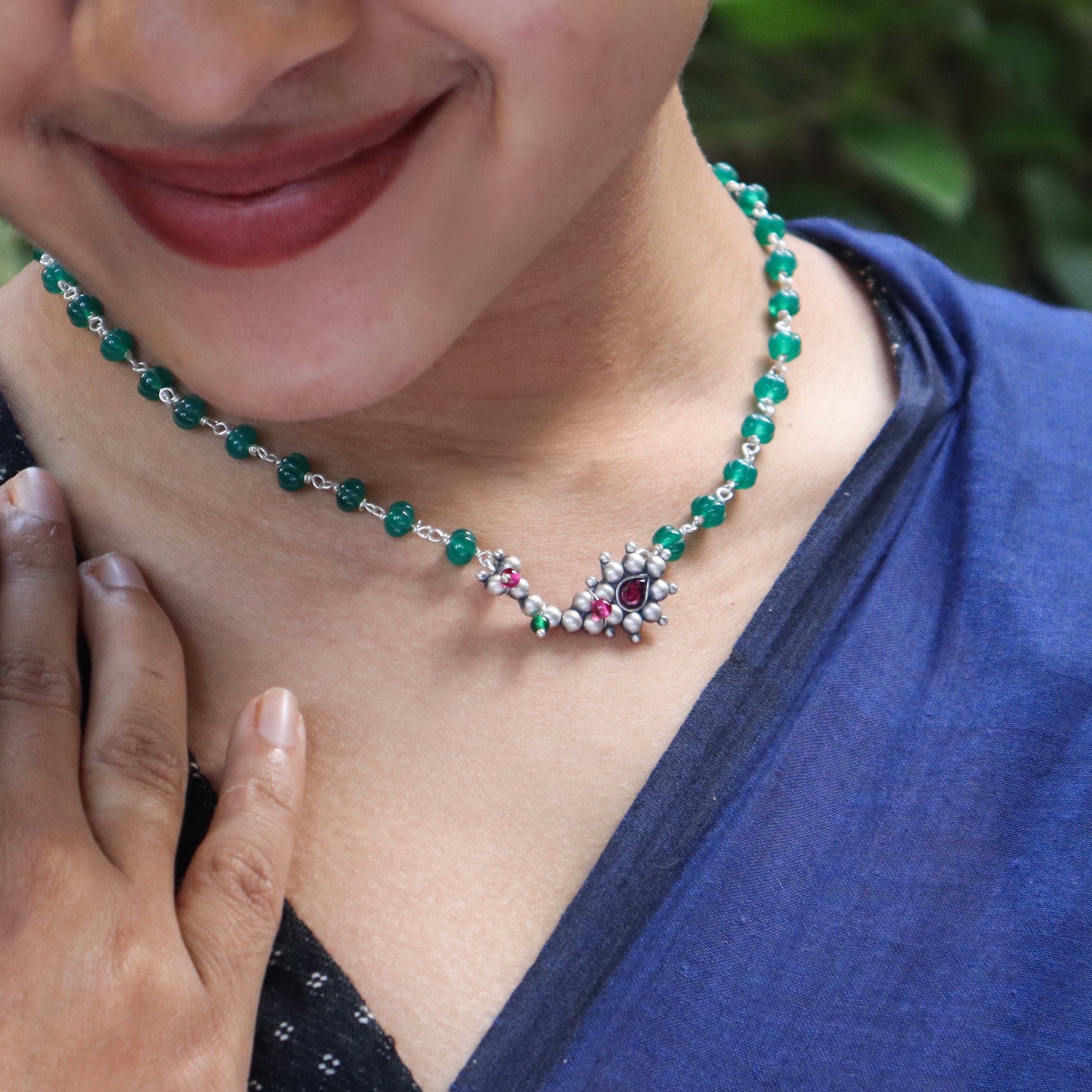 Silver Nath Motif Necklace with Green Onyx Stones