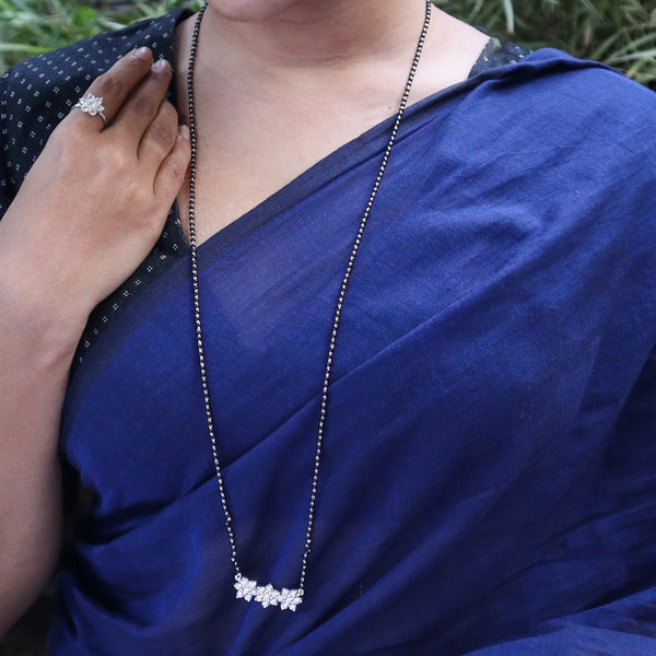 Close-up of Classic CZ Flower Motif Mangalsutra Set with CZ stones