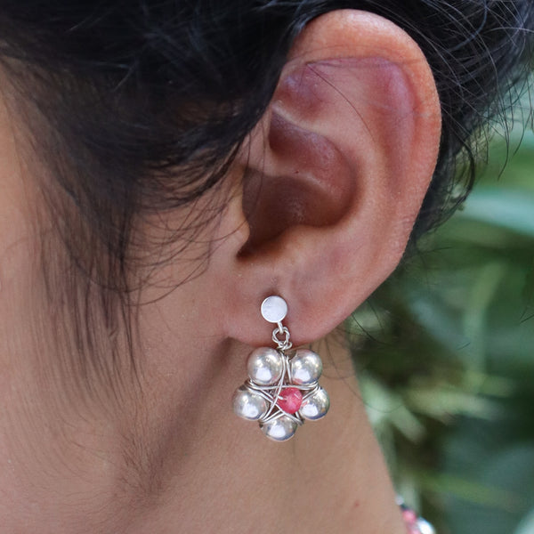 Model wearing Silver Bead Thushi Set with Cherry Quartz