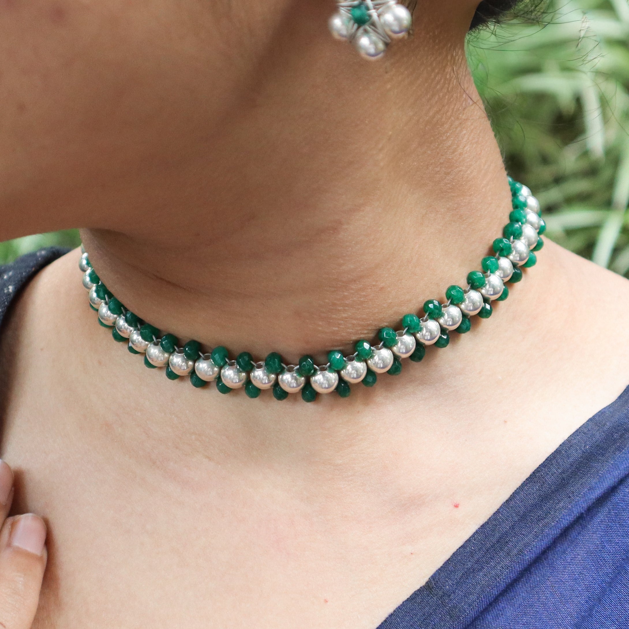 Silver Bead Thushi set with Green Onyx