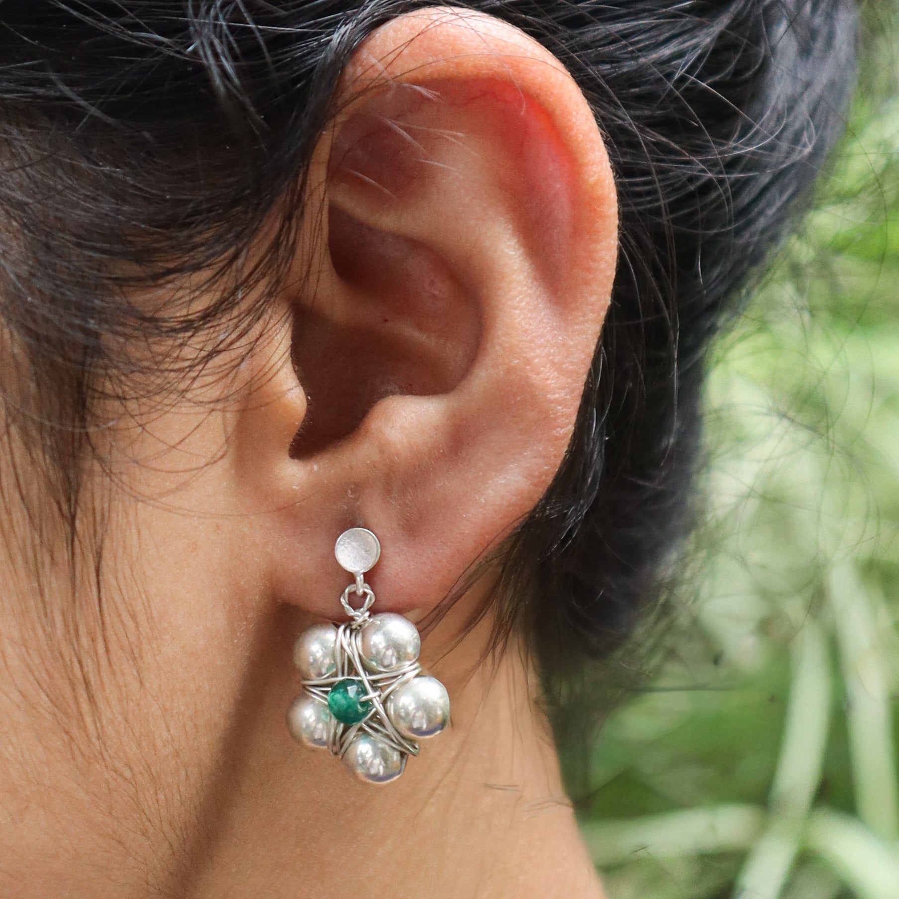 Silver Bead Thushi set with Green Onyx