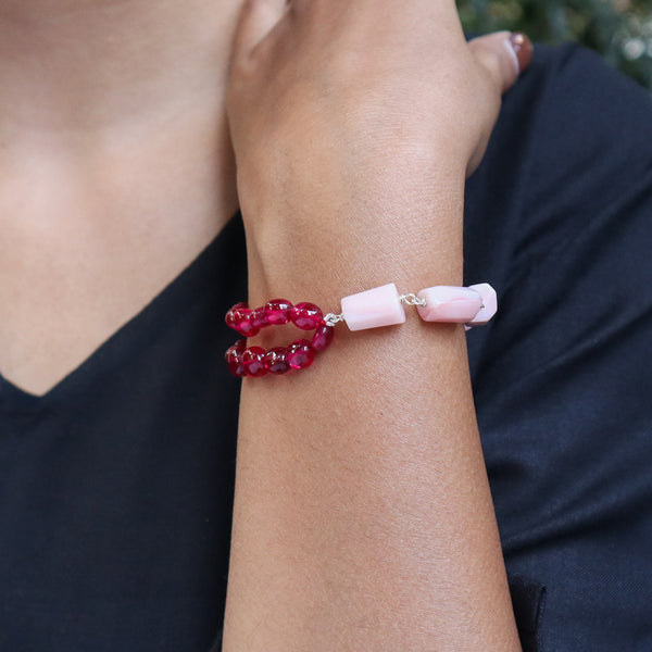 Close-up of Pink Opal & Ruby Stones Half & Half Silver Bracelet