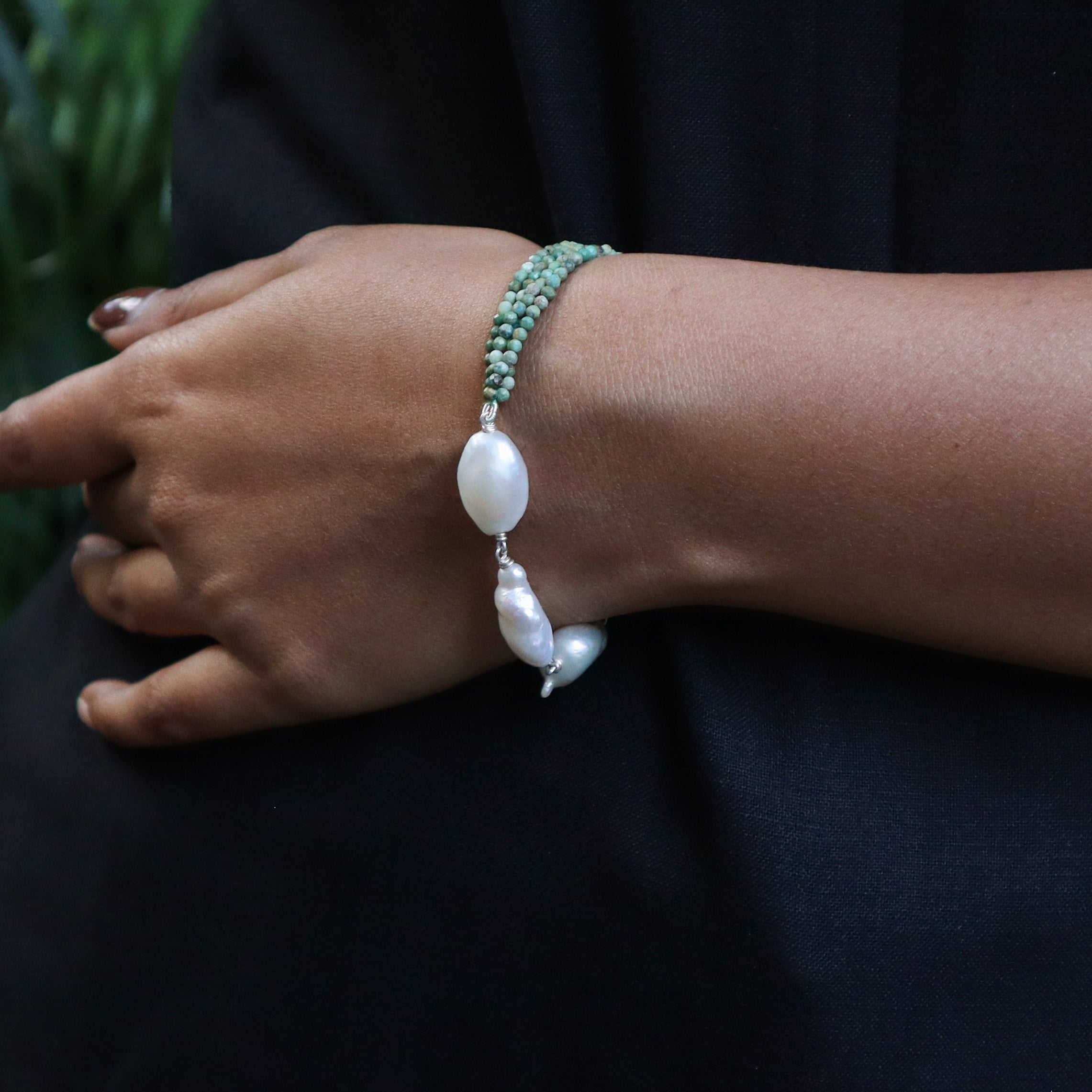 Firoza & Freshwater Pearls Half & Half Silver Bracelet