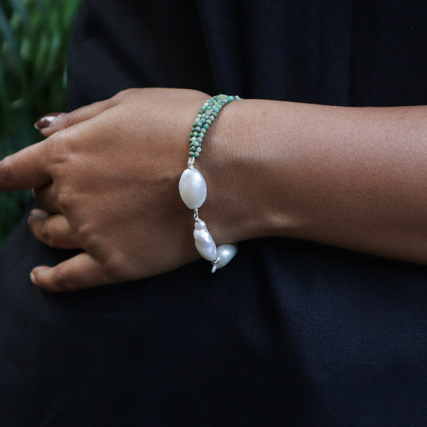 Close-up of Firoza & Freshwater Pearls Half & Half Silver Bracelet