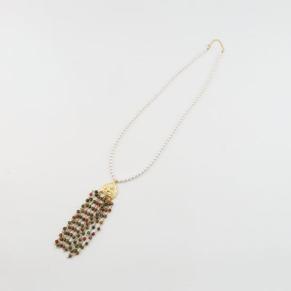 Angled view of Luxe Necklace Swarovski Pearls Unakite Stones