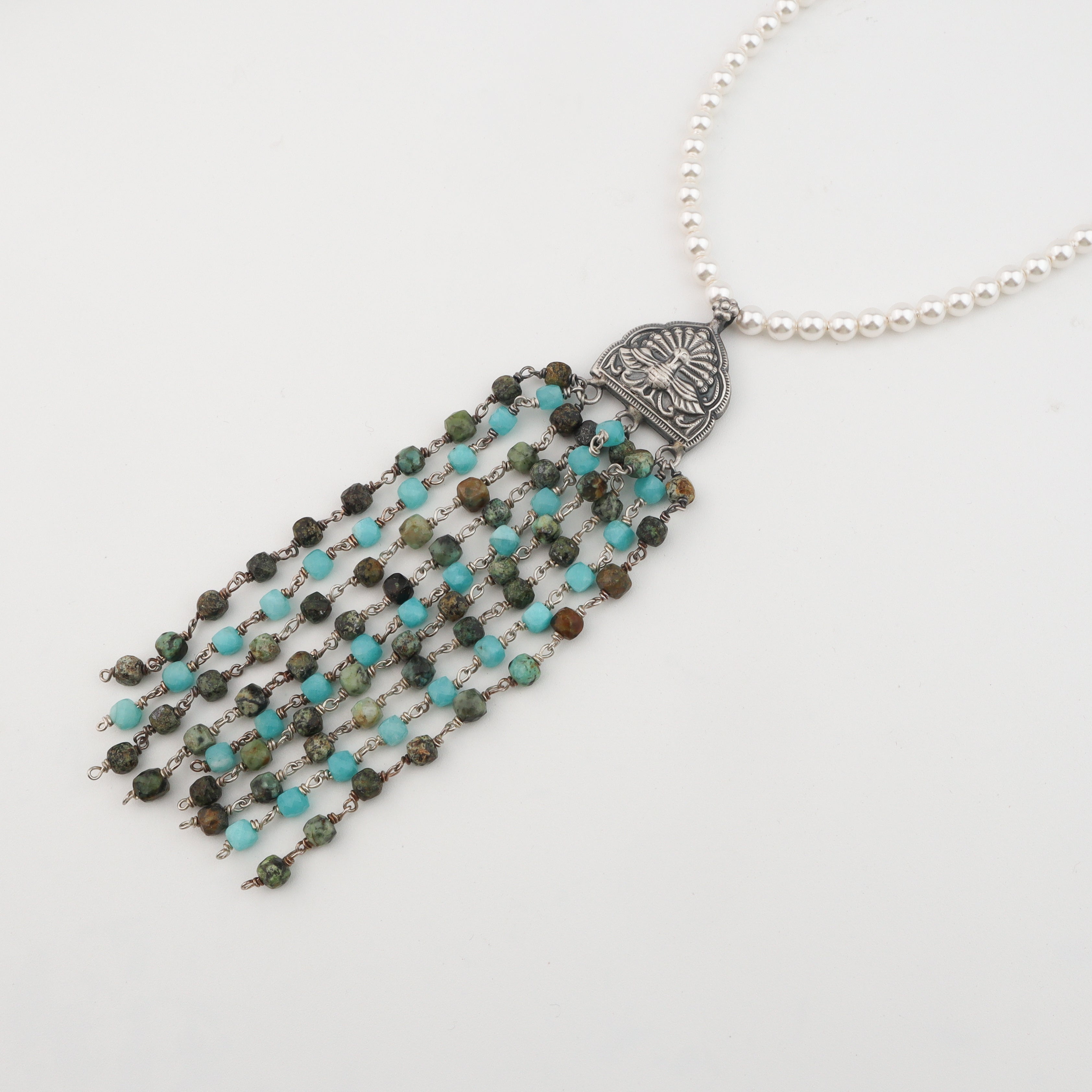 Luxe Necklace Larimar and Swarovski Pearls Unakite stones