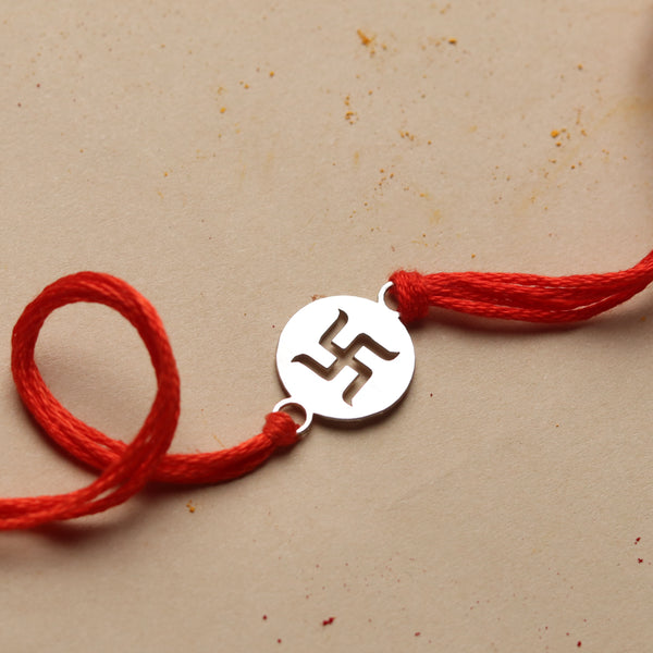Silver Laser Cut Swastik Rakhi (mini)