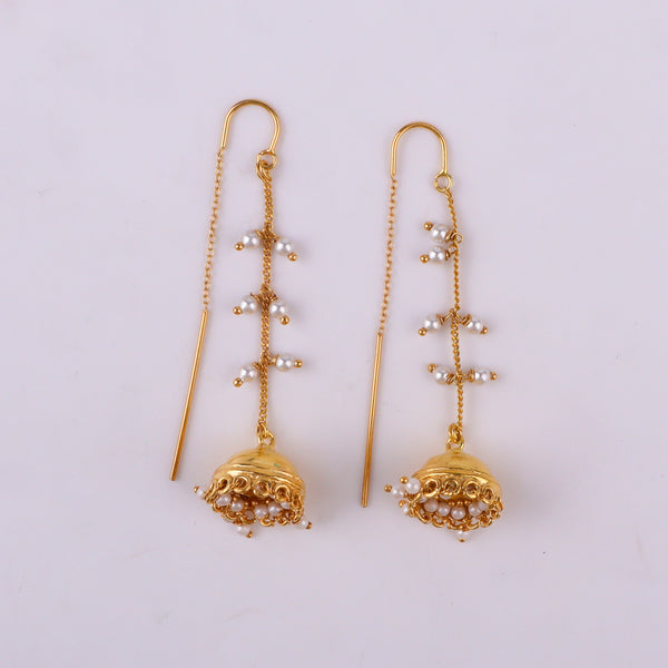 Gold earrings with dangling pearl beads