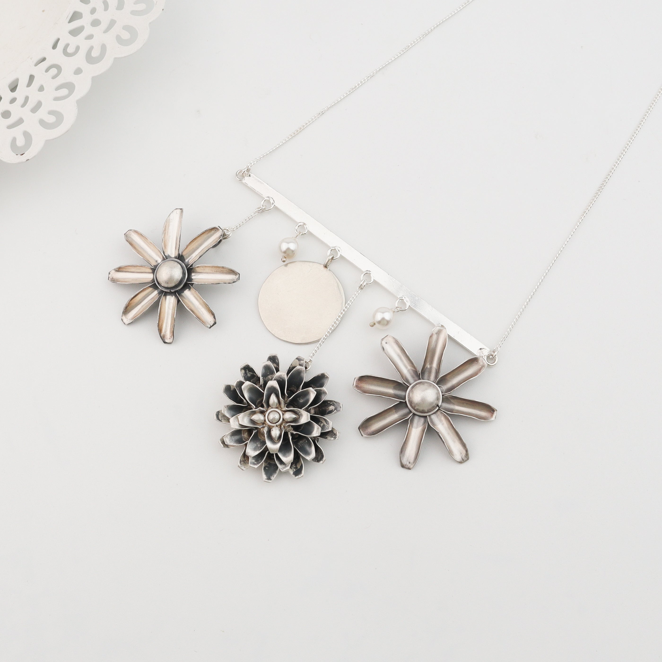 Silver Snowflake Filigree earring with pearl latkan
