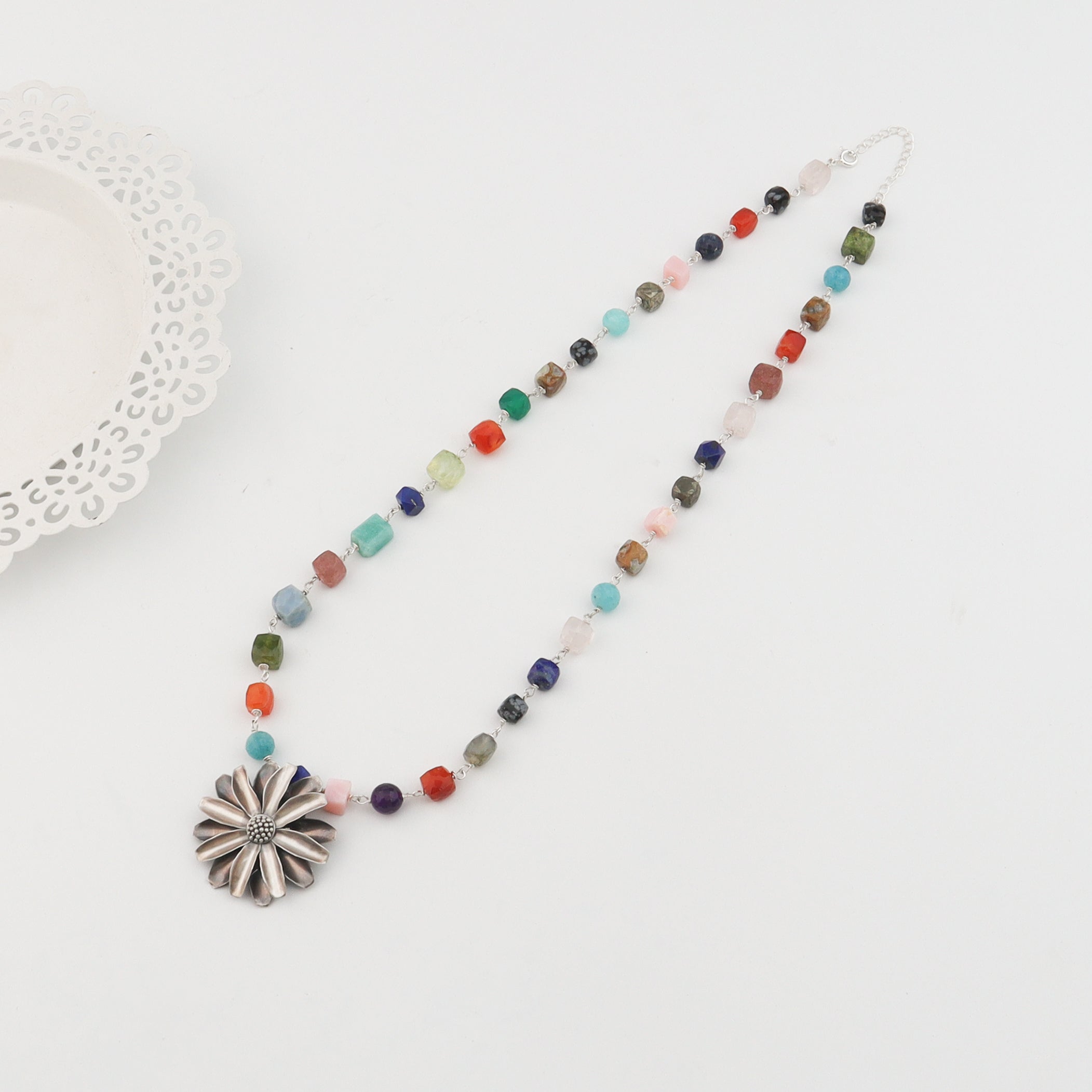 Silver Soorajmukhi Pendant Multicolour Ganthan Necklace