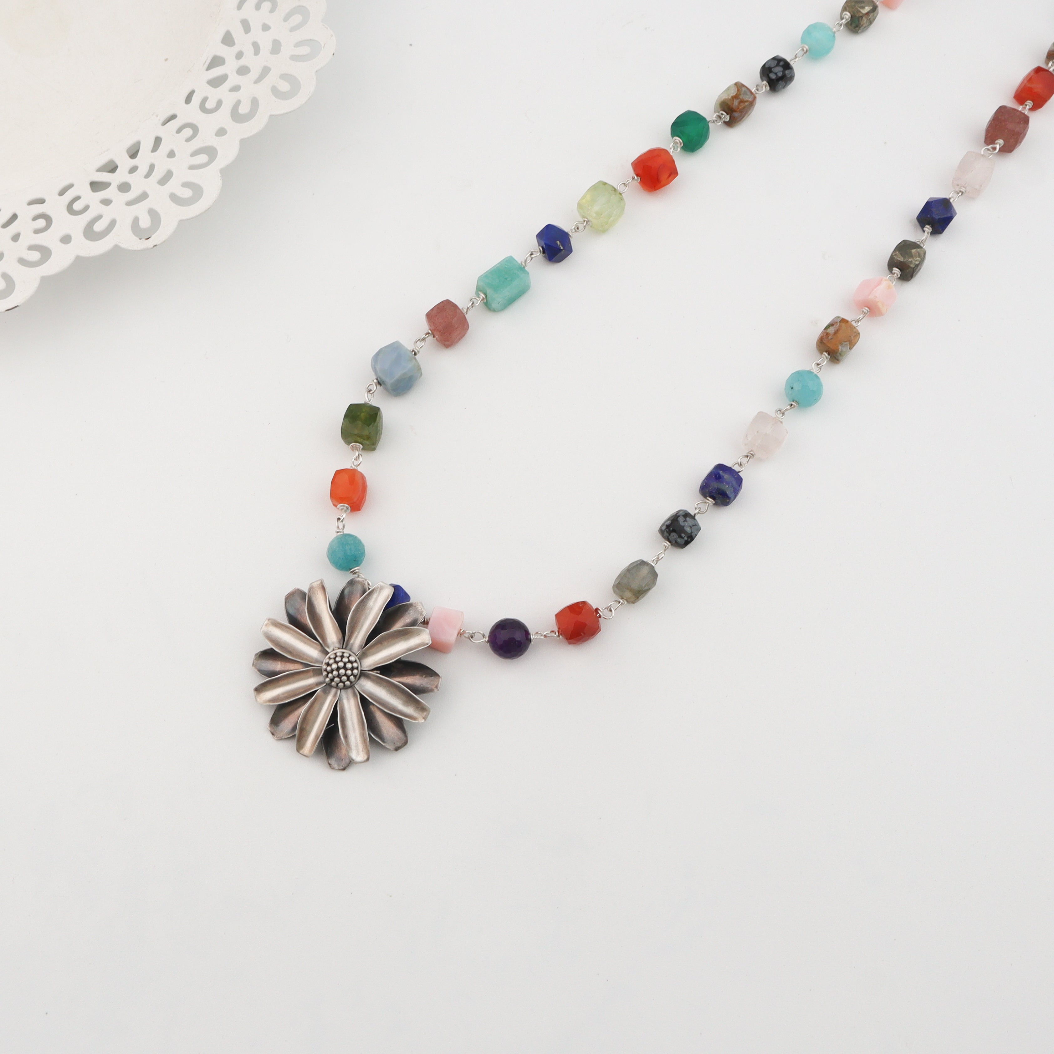 Silver Soorajmukhi Pendant Multicolour Ganthan Necklace
