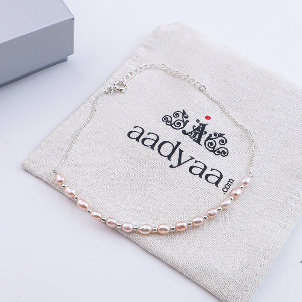 Rice Pearl & Silver Bead Anklet (Project Handmade)