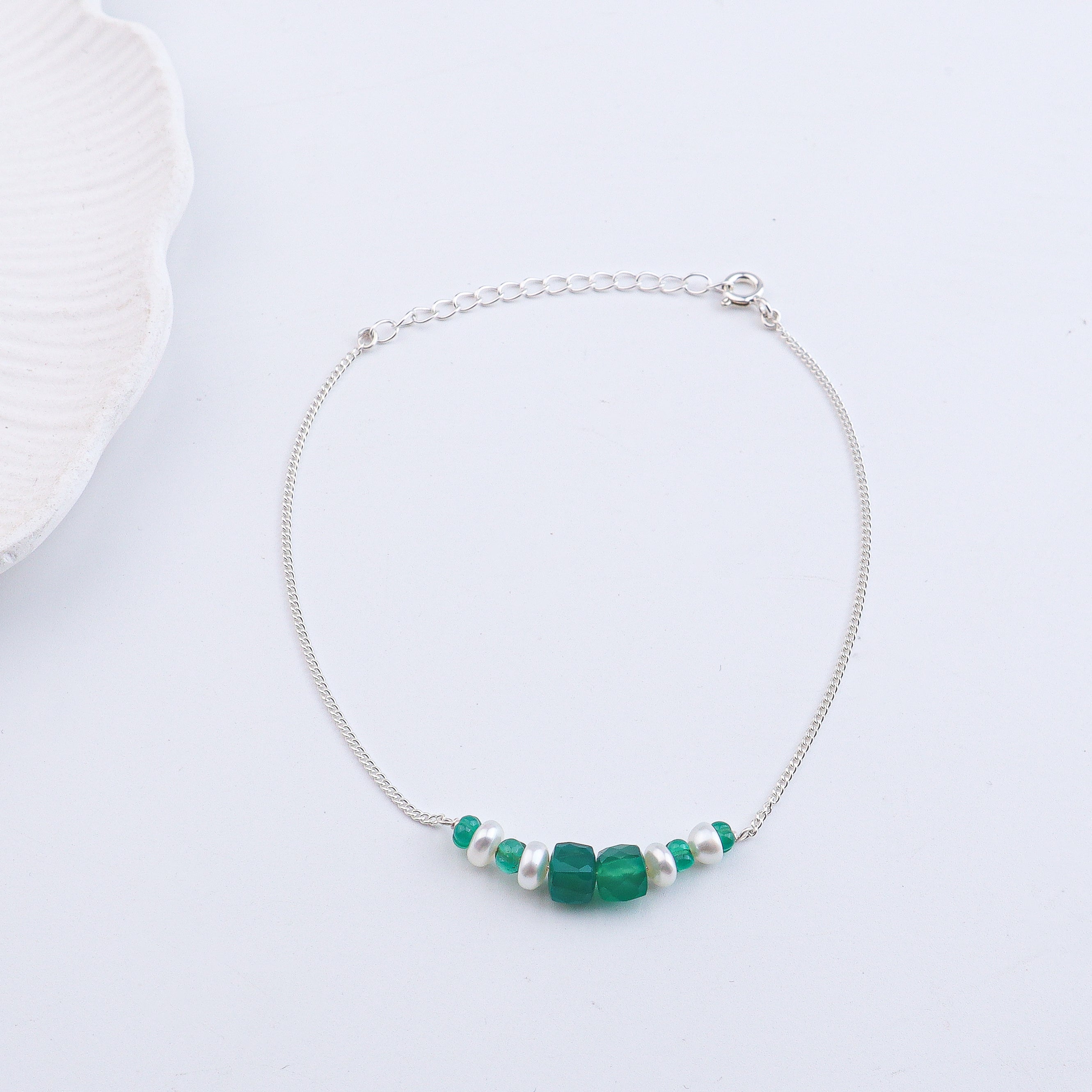 Green Onyx & Pearl Silver Anklet (Project Handmade)