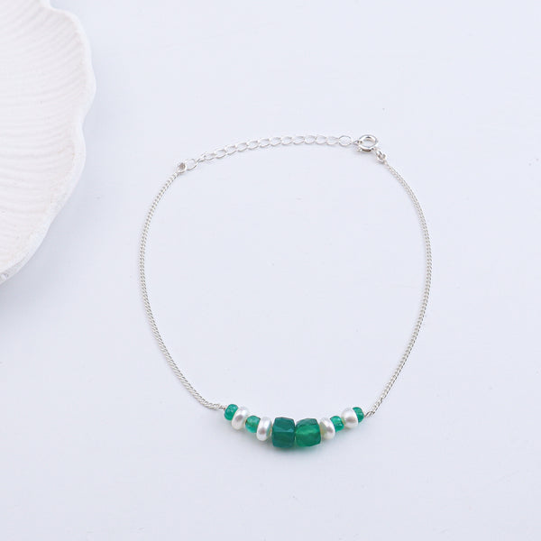 Green Onyx & Pearl Silver Anklet (Project Handmade)