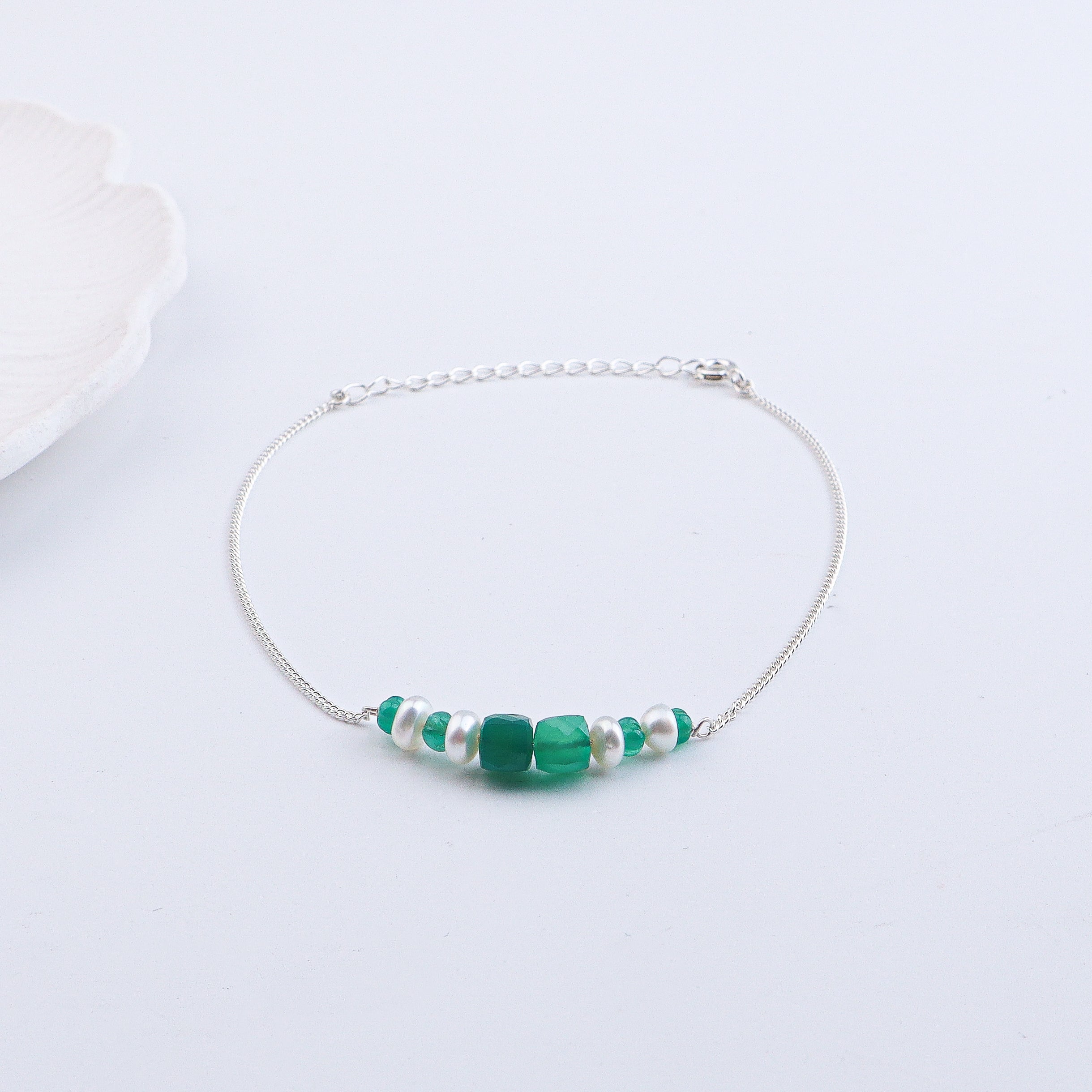 Green Onyx & Pearl Silver Anklet (Project Handmade)