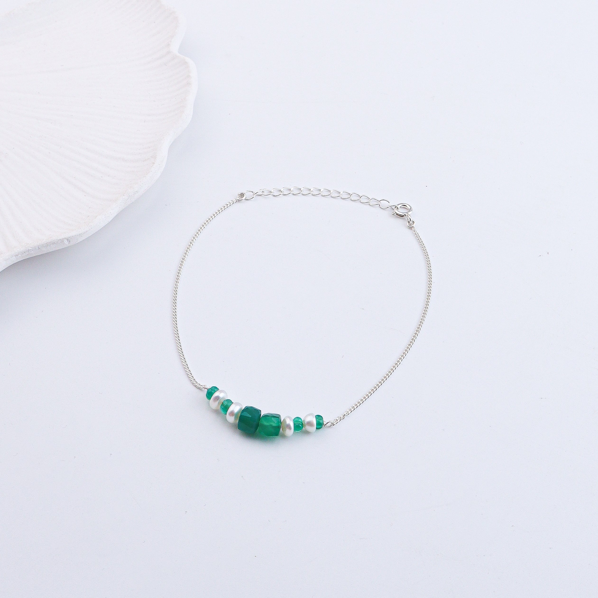 Green Onyx & Pearl Silver Anklet (Project Handmade)