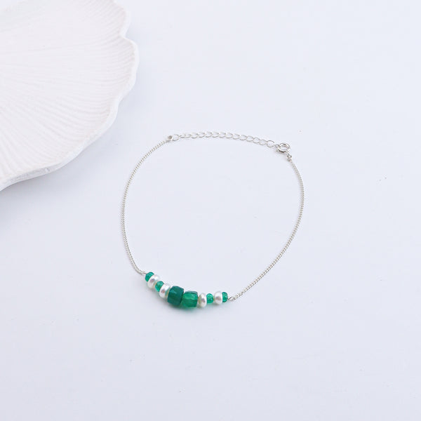 Green Onyx & Pearl Silver Anklet (Project Handmade)