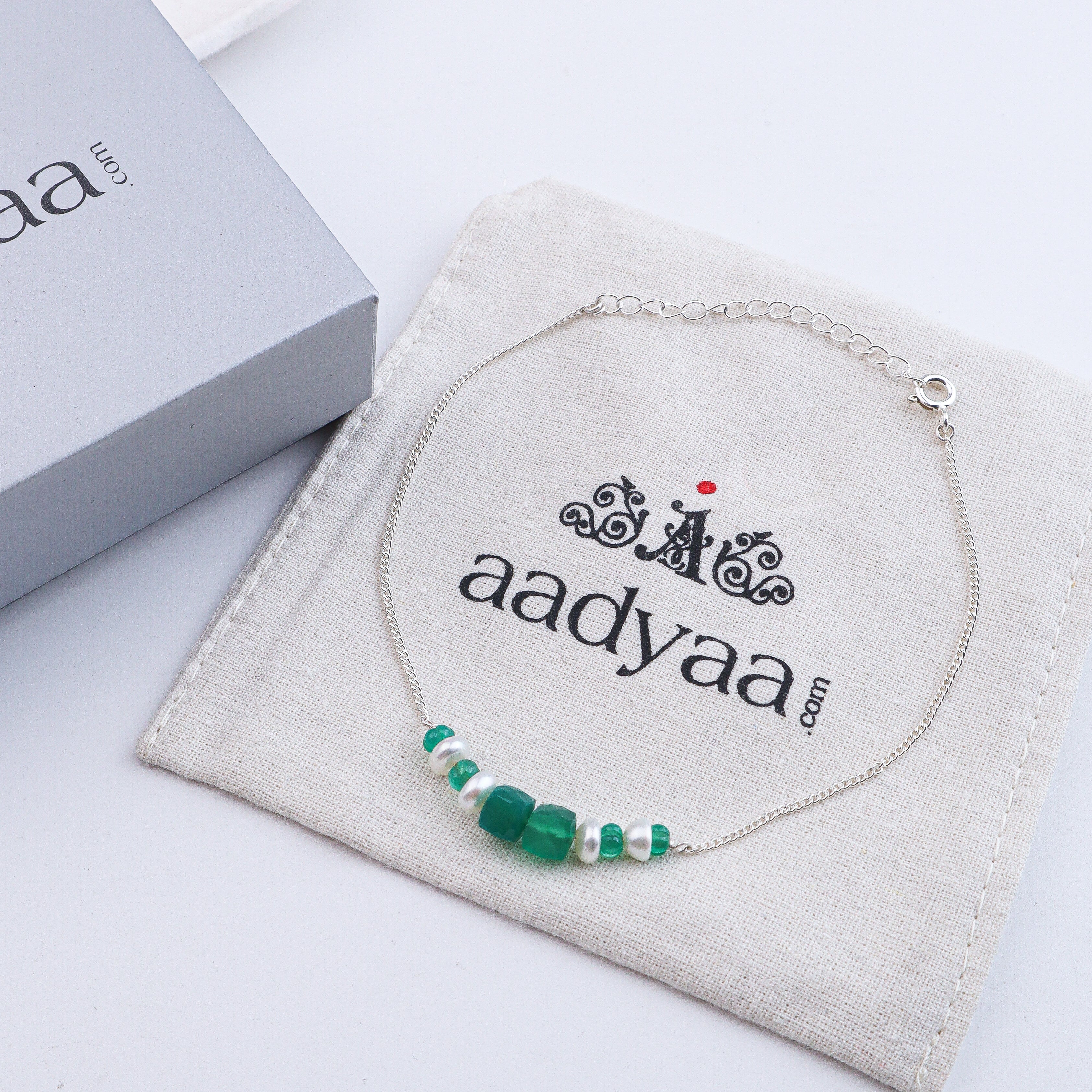Green Onyx & Pearl Silver Anklet (Project Handmade)