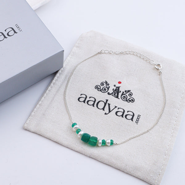Green Onyx & Pearl Silver Anklet (Project Handmade)
