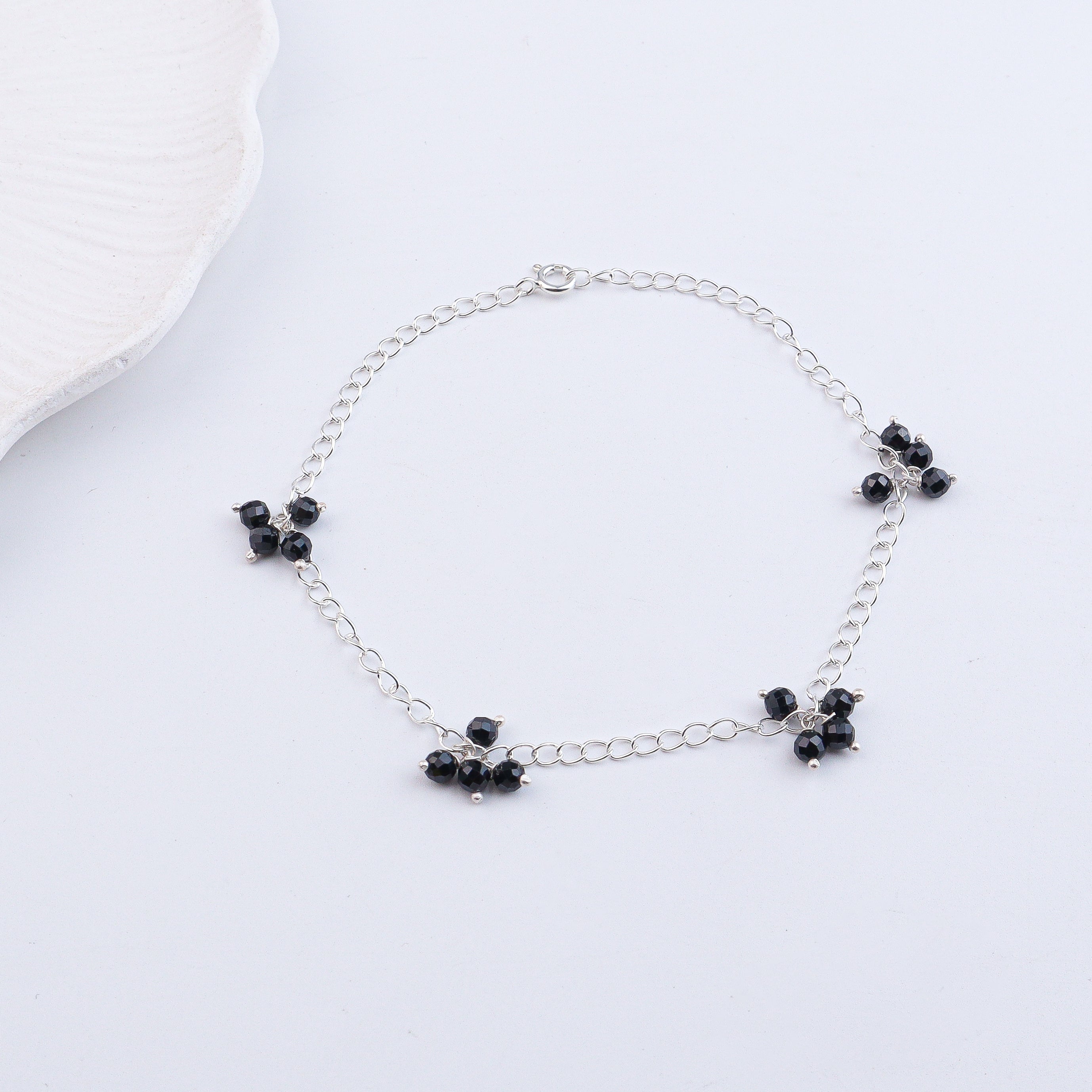 Black Spinel Bunch Silver Anklet (Project Handmade)