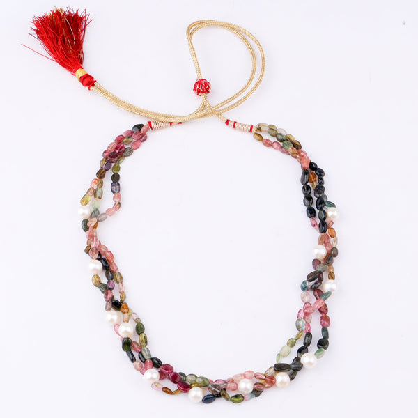 Necklace with pink, green, and black tourmaline beads and pearls