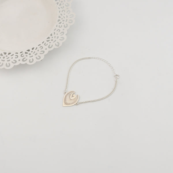 Detail shot of peacock feather motif in sterling silver