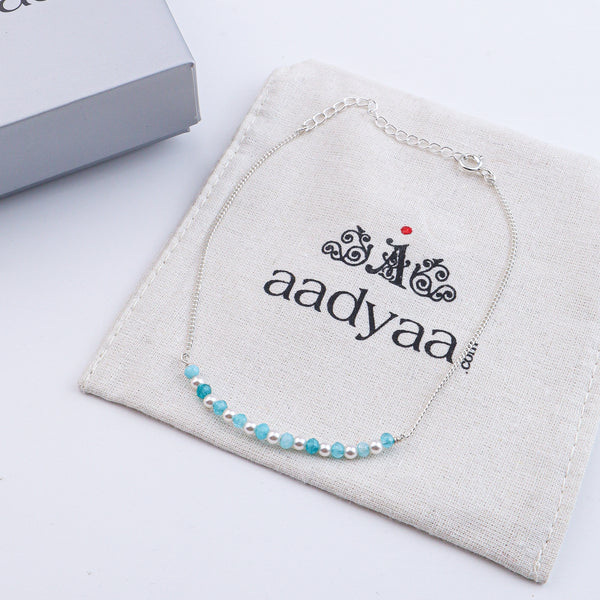 Blue Jade & Pearl Silver Anklet (Project Handmade)