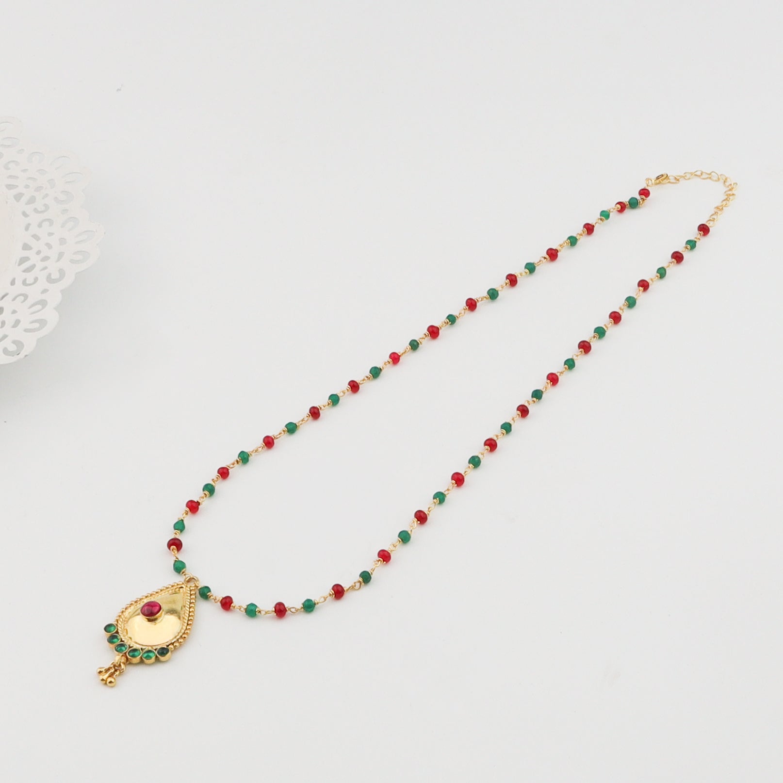 Silver Ganthan Necklace with Ruby and Green Onyx | 92.5 Silver | 22K Gold Plated