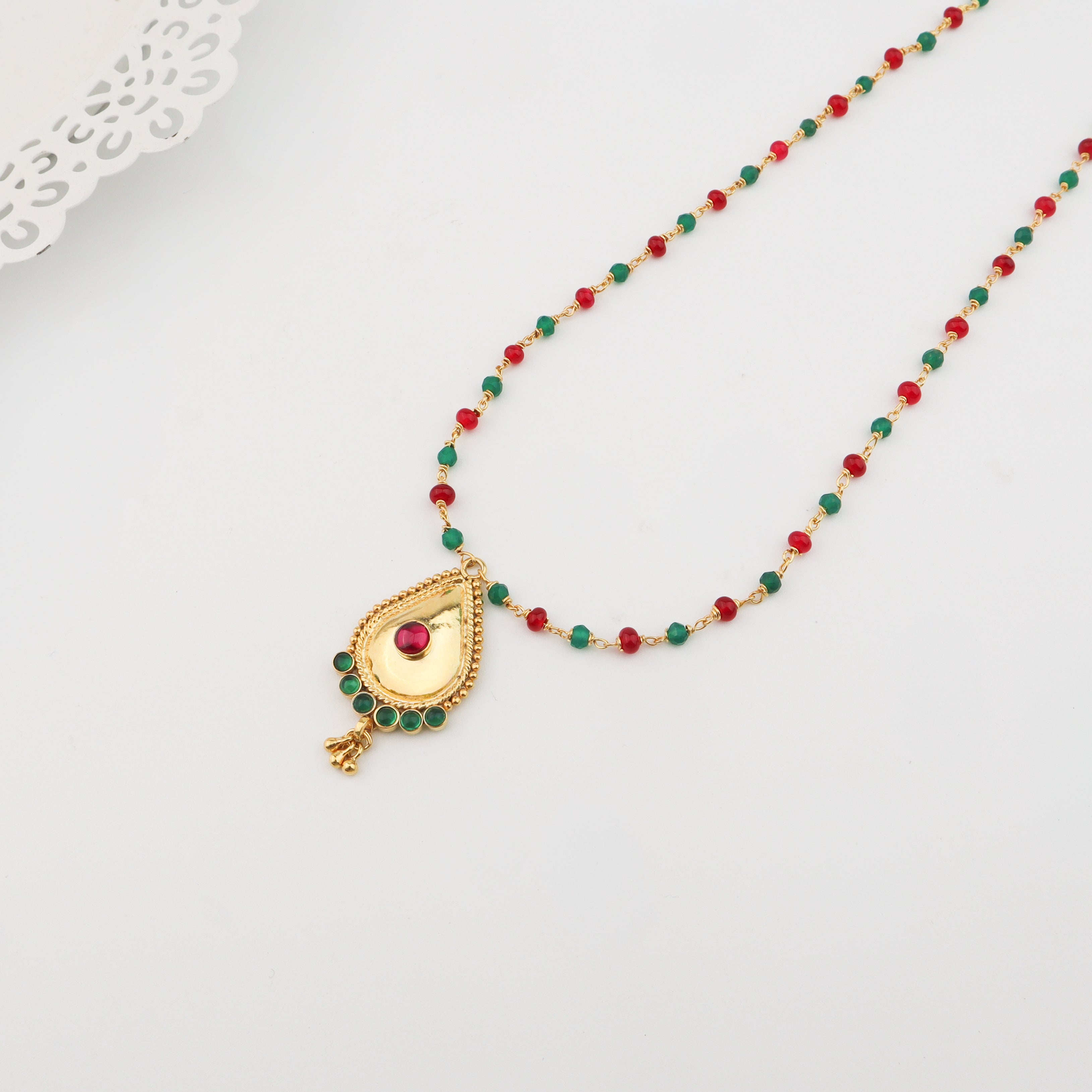 Silver Ganthan Necklace with Ruby and Green Onyx | 92.5 Silver | 22K Gold Plated