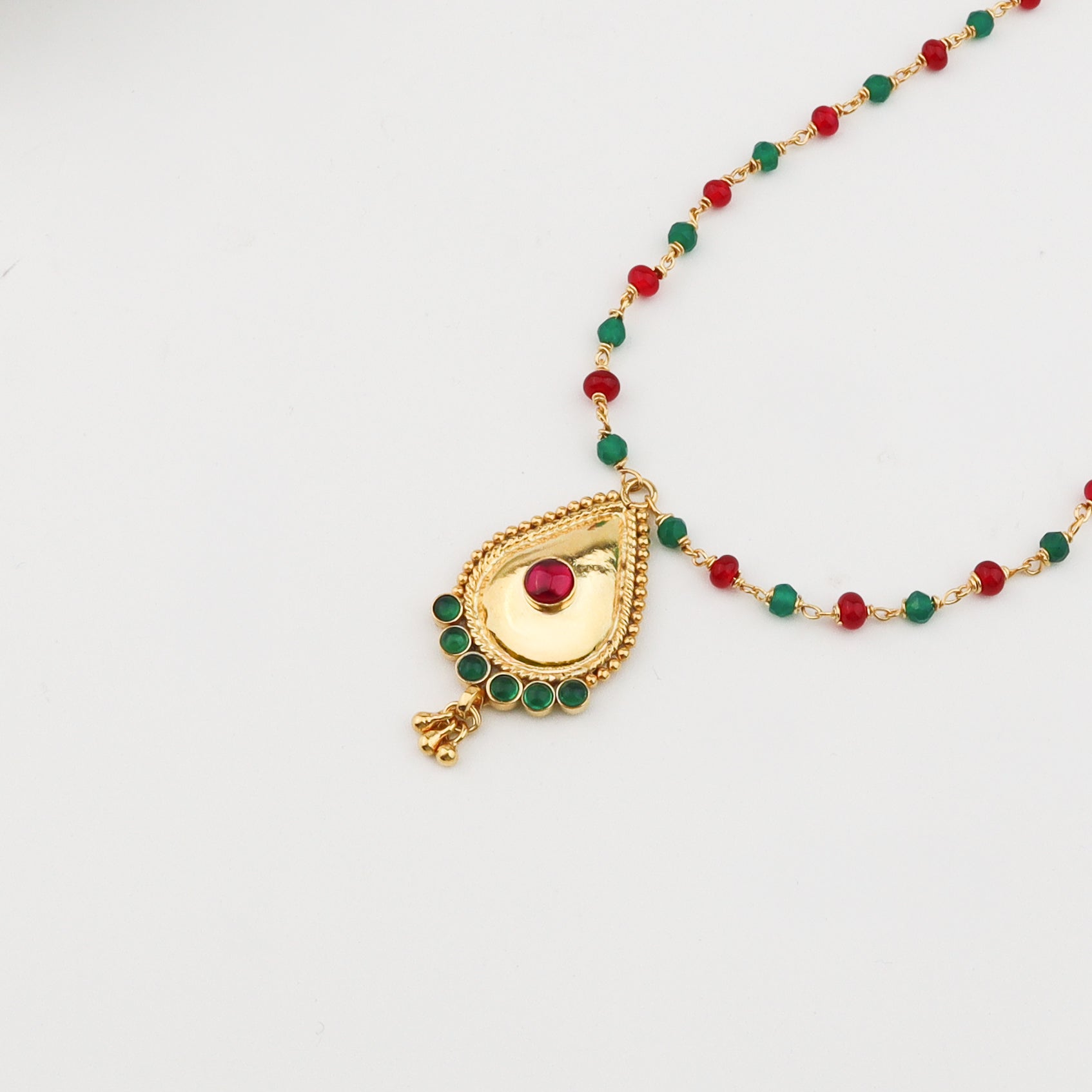 Silver Ganthan Necklace with Ruby and Green Onyx | 92.5 Silver | 22K Gold Plated