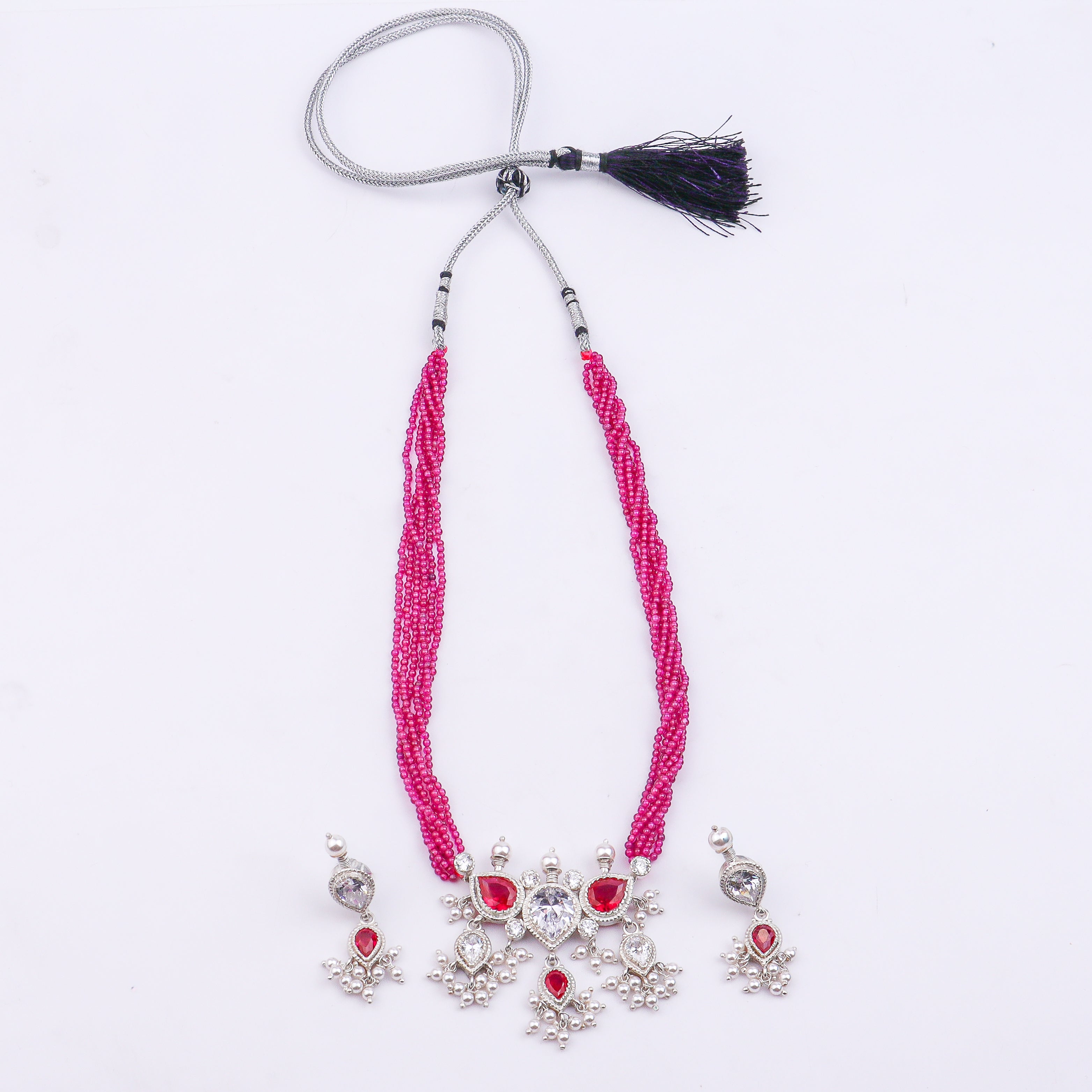 Silver CZ Tanmani Set with Rubies
