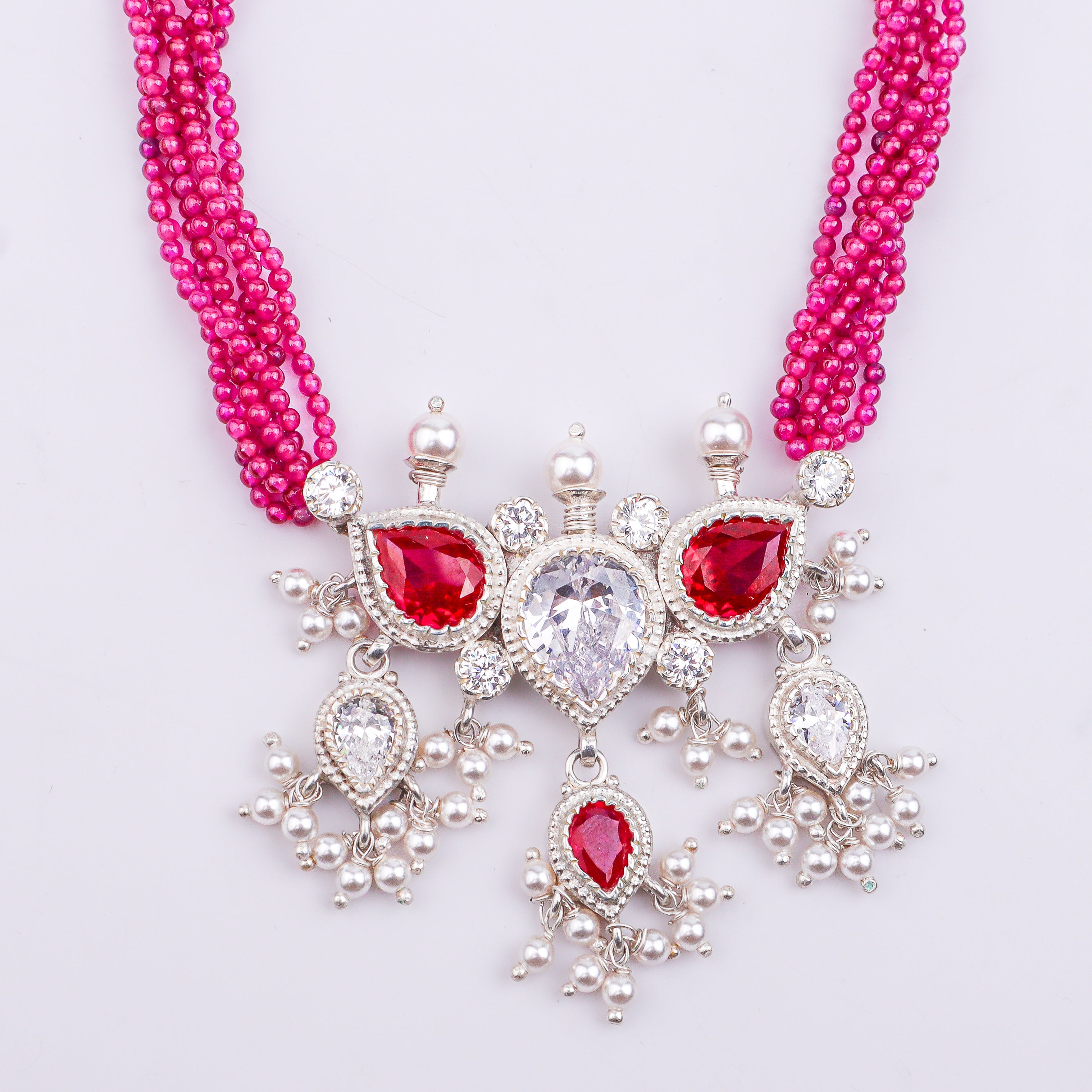 Silver CZ Tanmani Set with Rubies