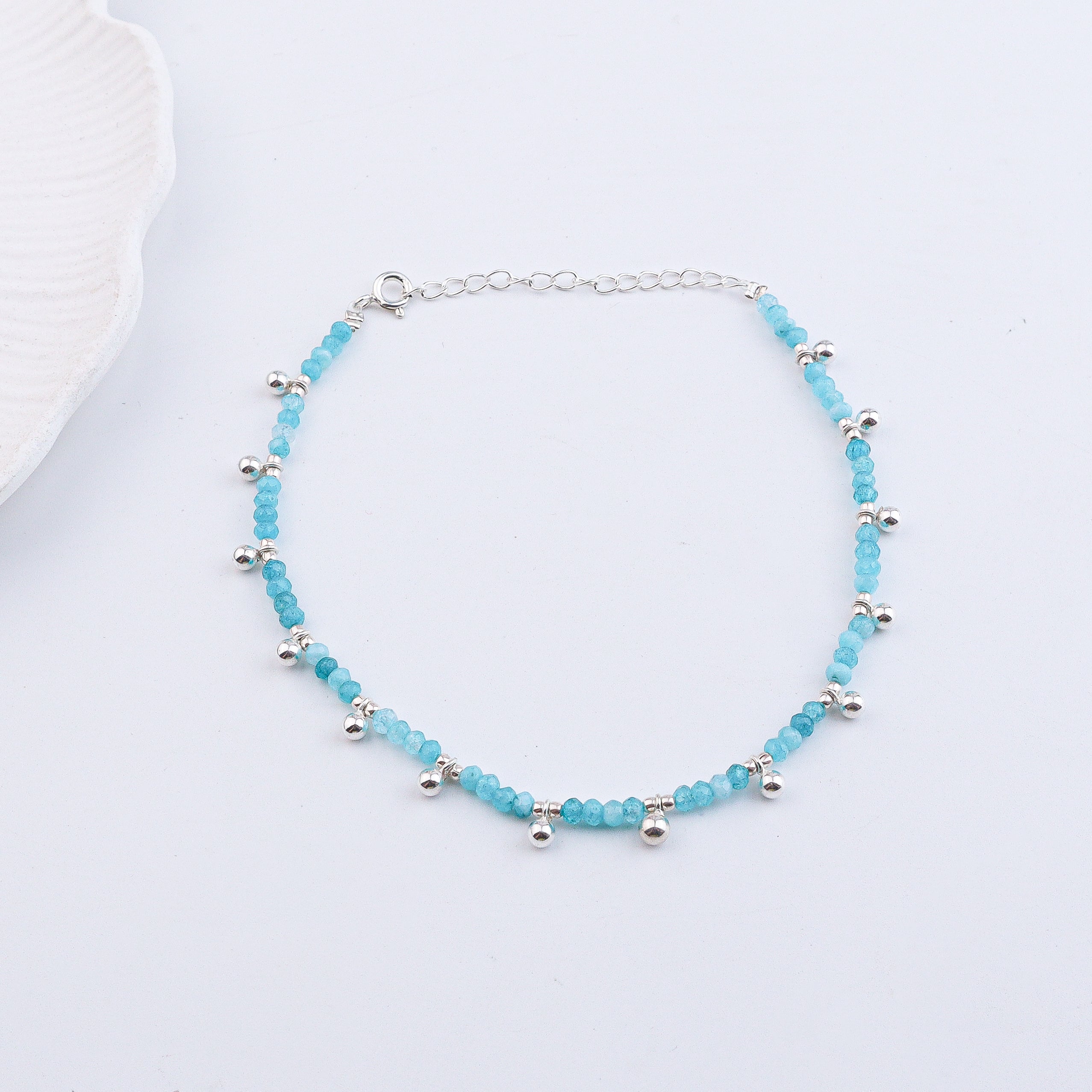 Blue Jade silver anklet with beads and silver accents