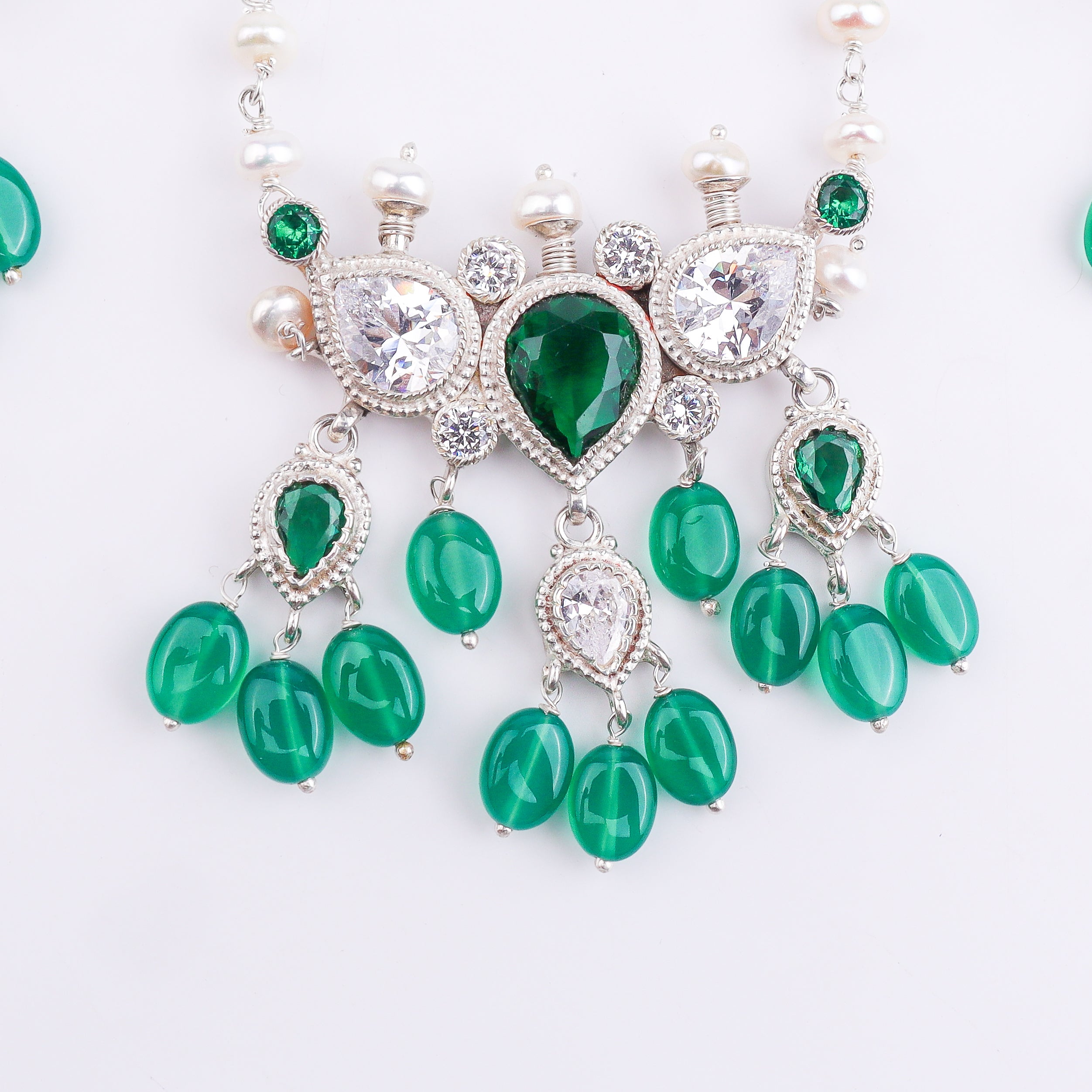 Silver CZ Tanmani Set with Pearls & Green Onyx