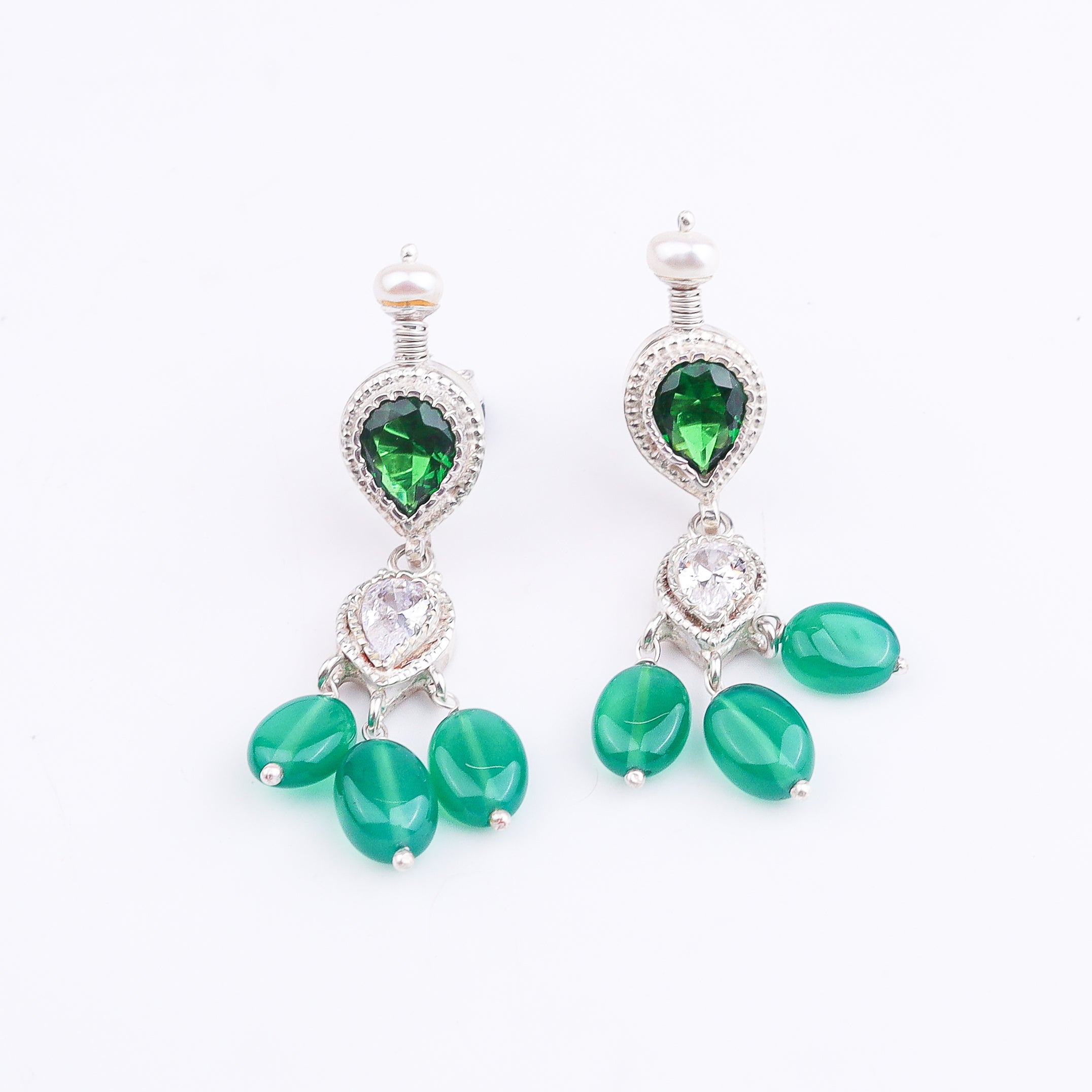 Silver CZ Tanmani Set with Pearls & Green Onyx