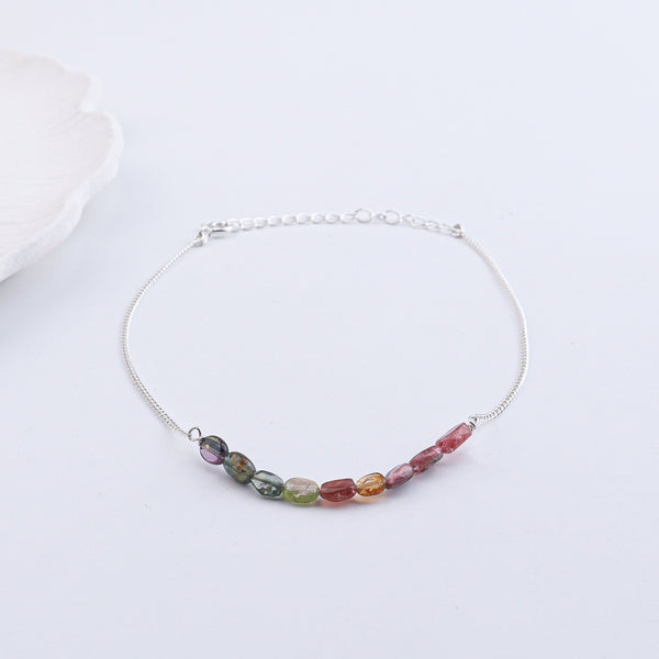 Silver anklet with multicolored gemstone beads