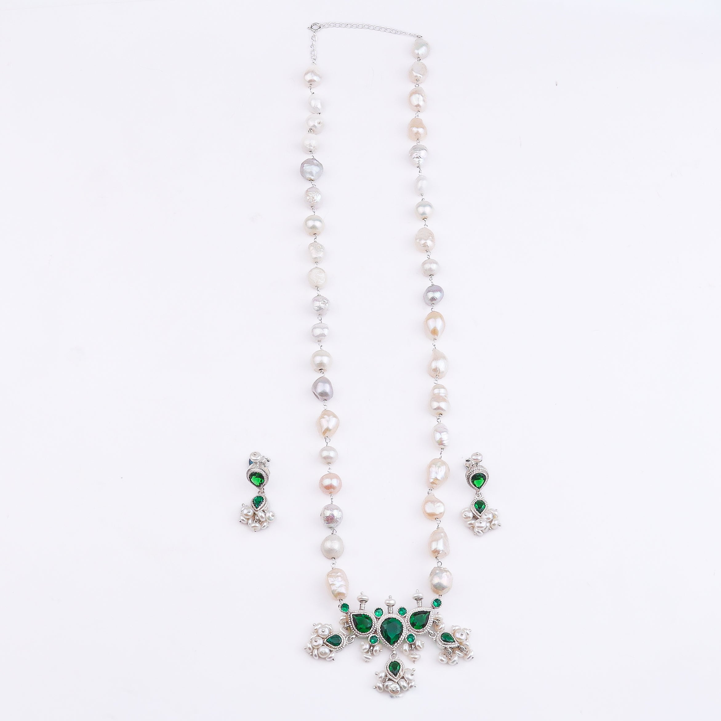 Silver Green CZ Tanmani Set with Freshwater Pearl Ganthan