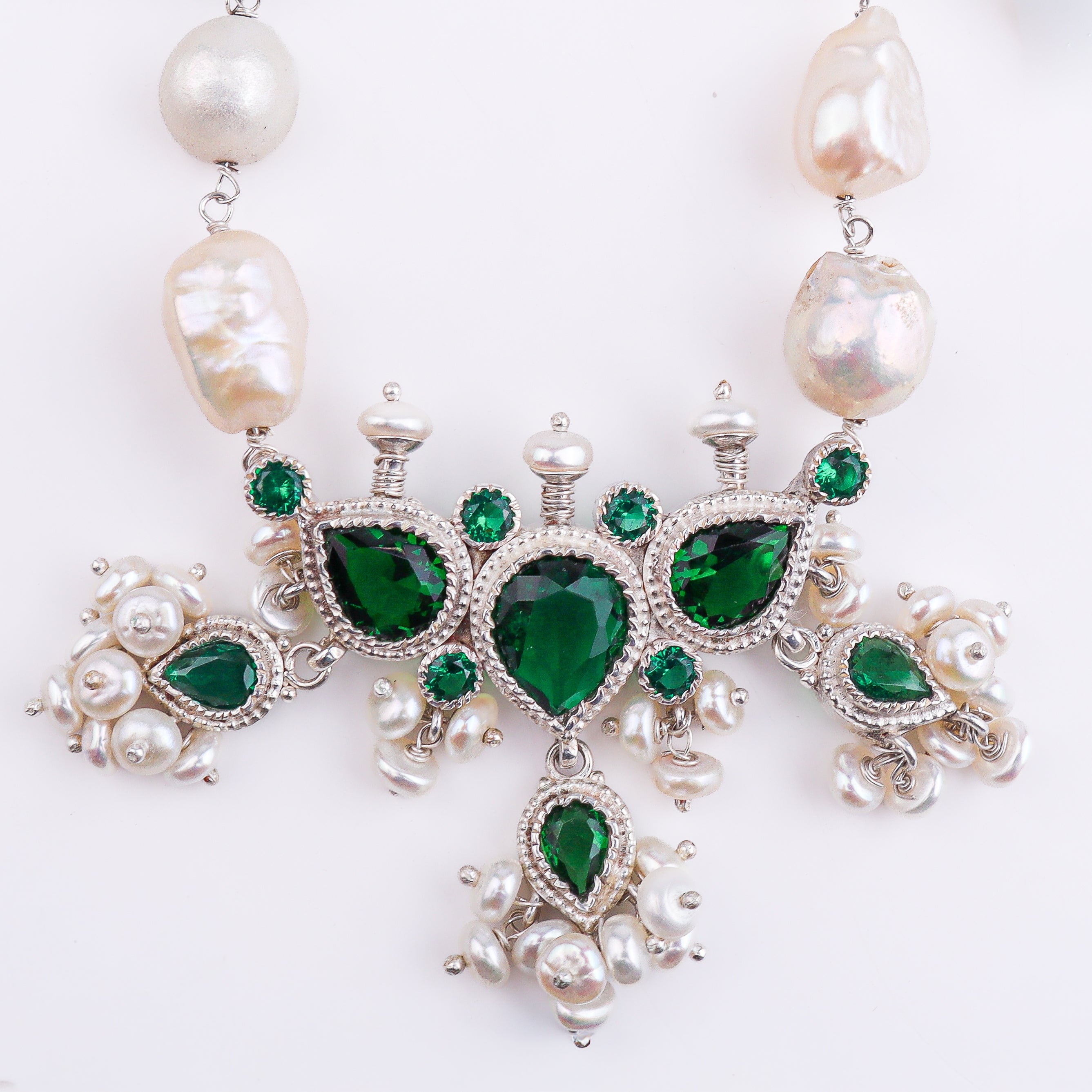 Silver Green CZ Tanmani Set with Freshwater Pearl Ganthan