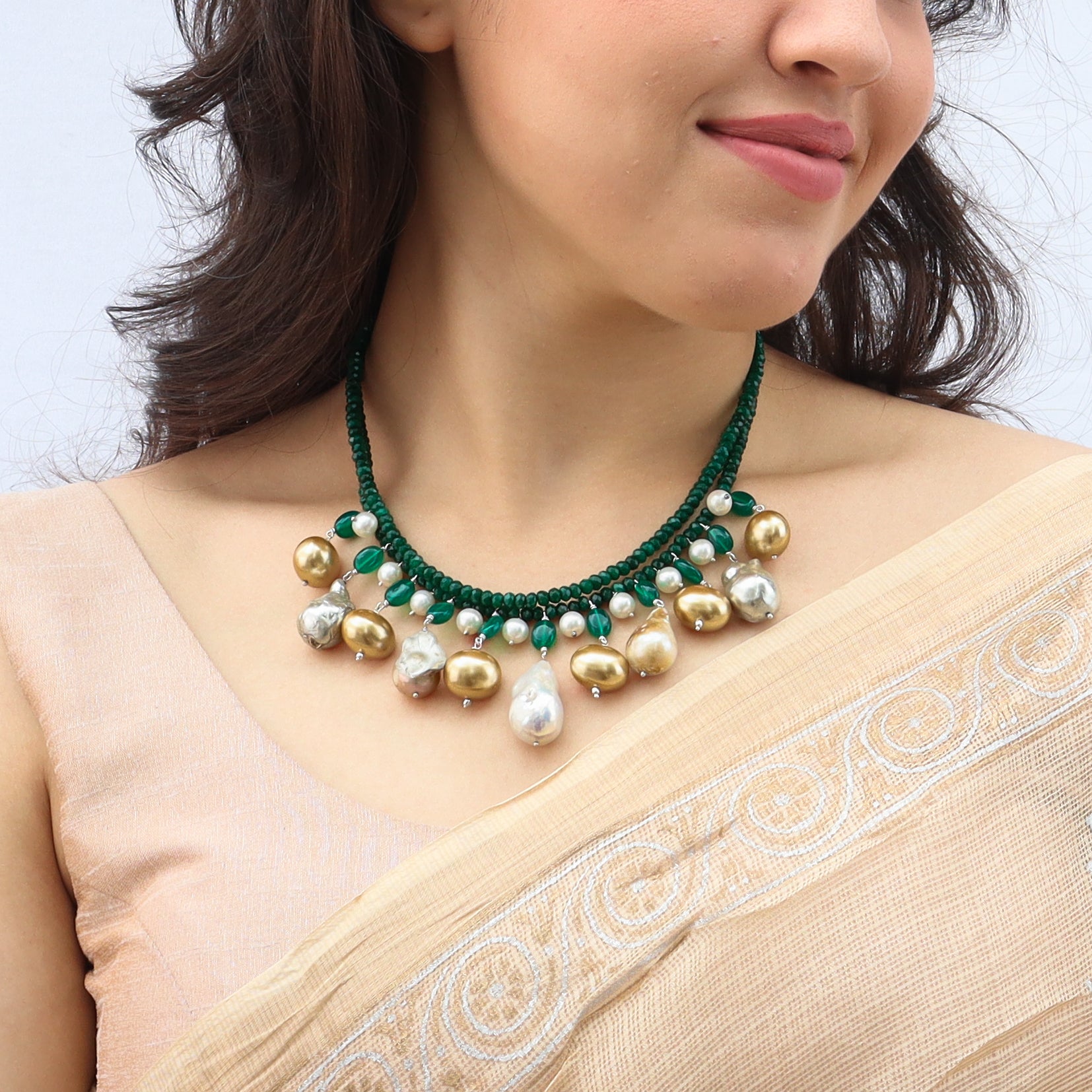 Luxe Necklace-Green onyx, fresh water Pearls and Baroque Pearls