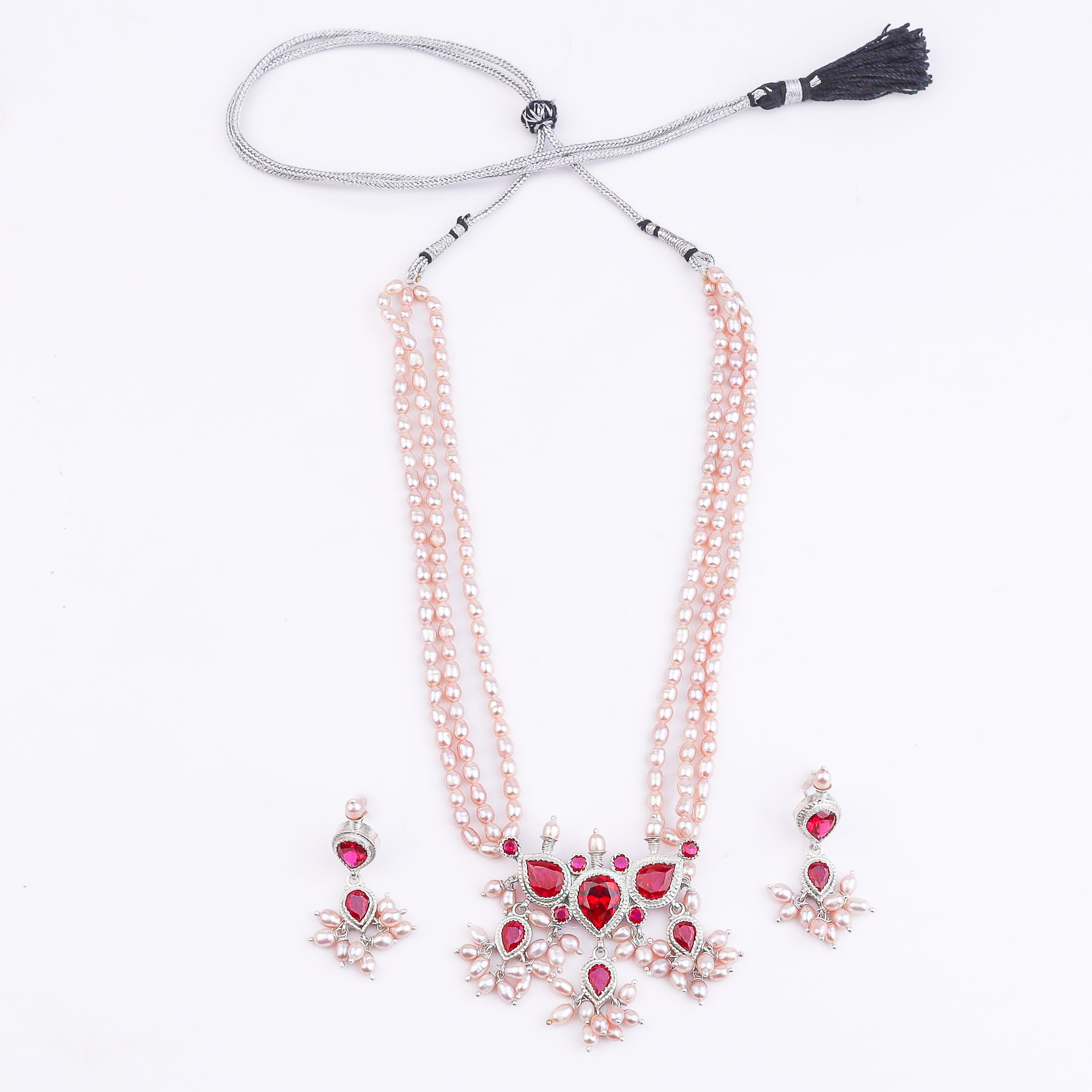 Silver CZ Tanmani Set with Freshwater Rice Pearls
