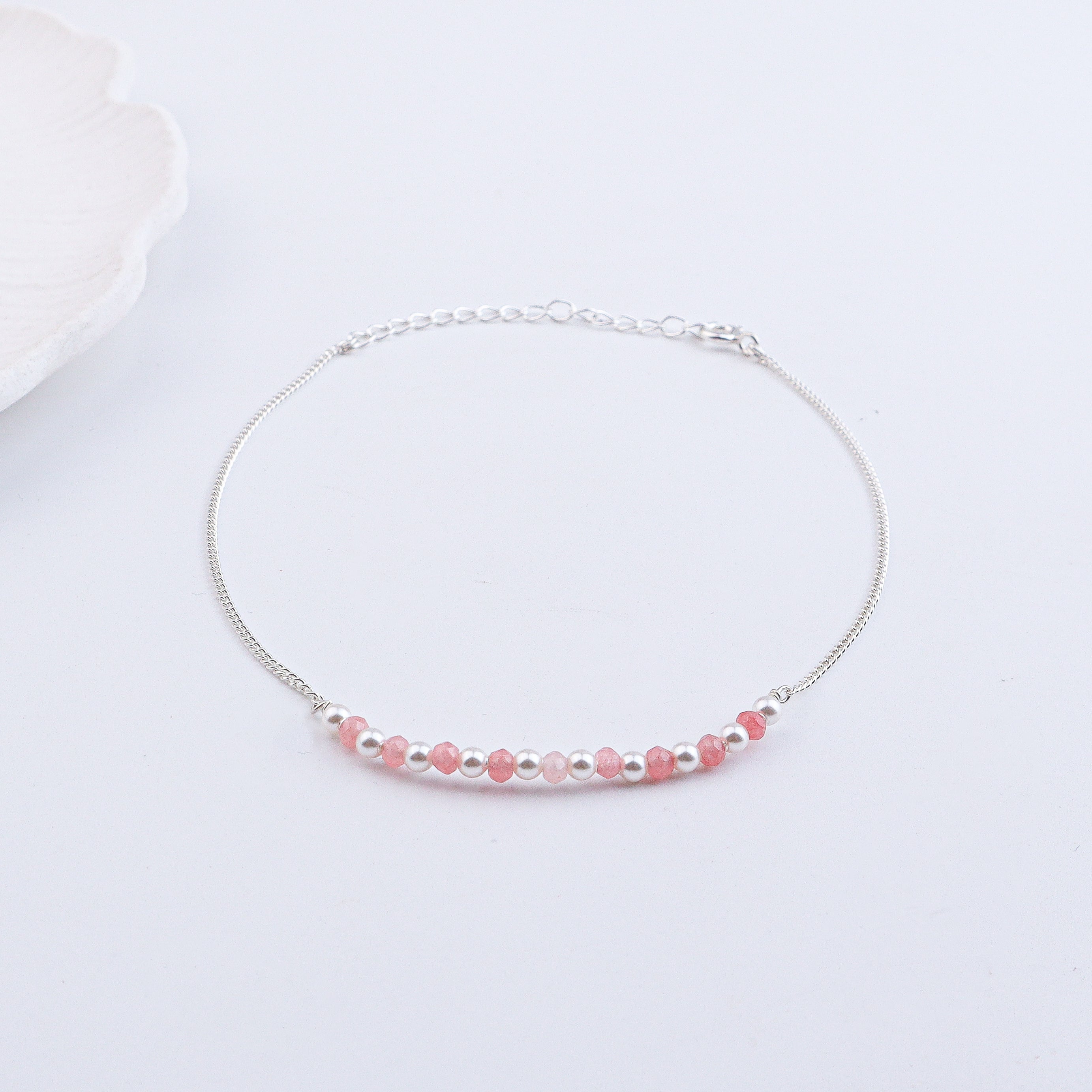 Silver anklet with pink beads and pearls