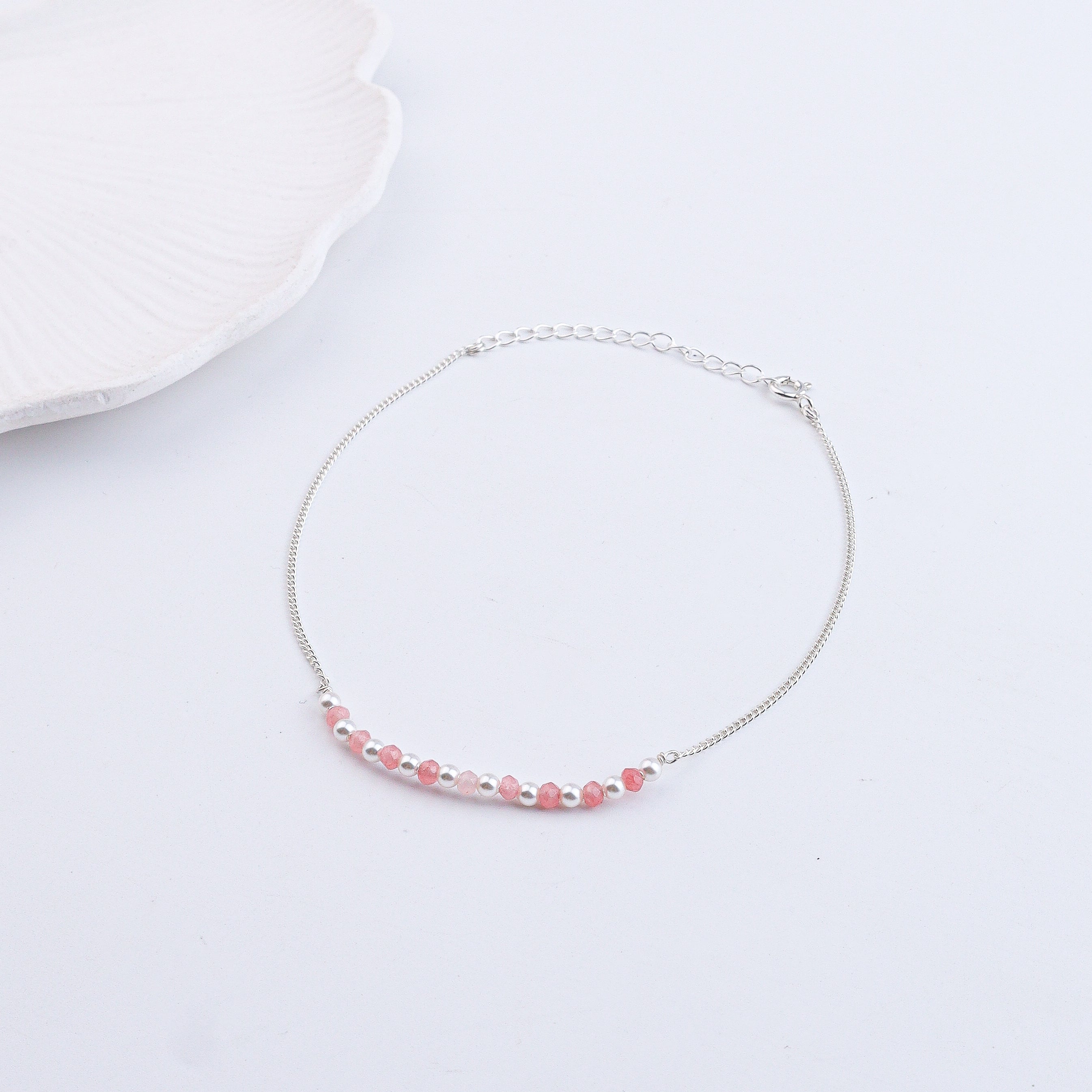 Silver Anklet with Pink and Pearl Beads