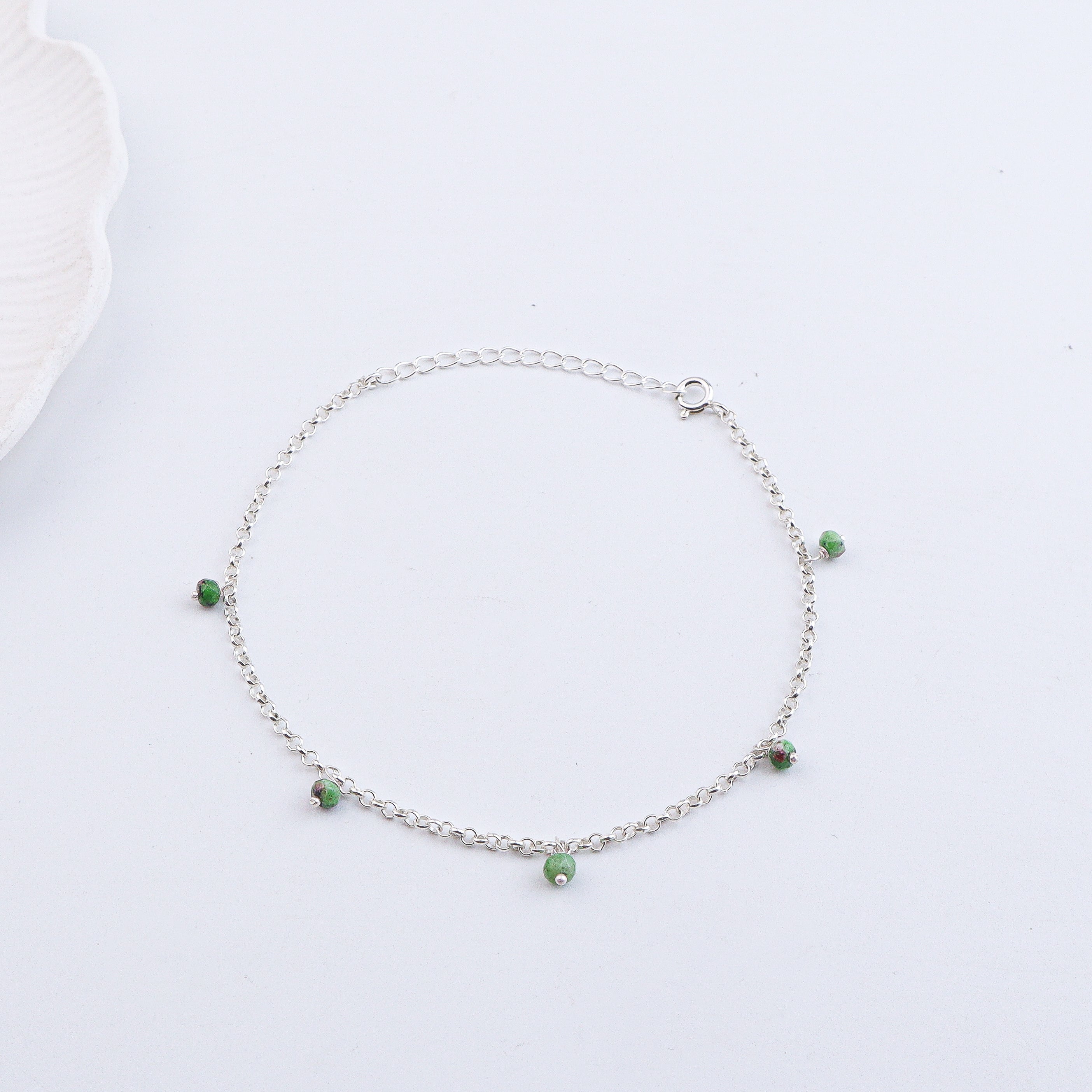 Silver anklet with green jade beads