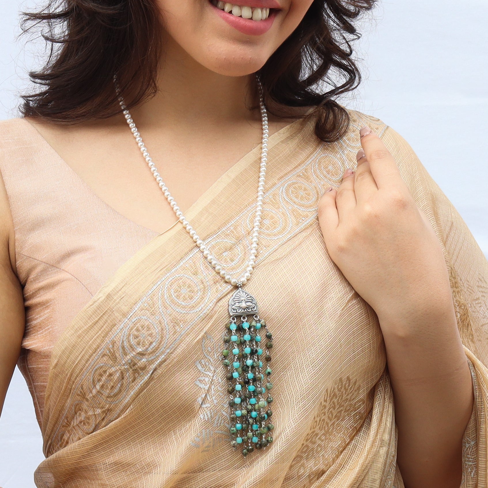 Luxe Necklace Larimar and Swarovski Pearls Unakite stones