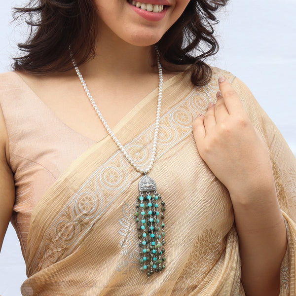 Close-up of Luxe Necklace with larimar, Swarovski pearls and unakite