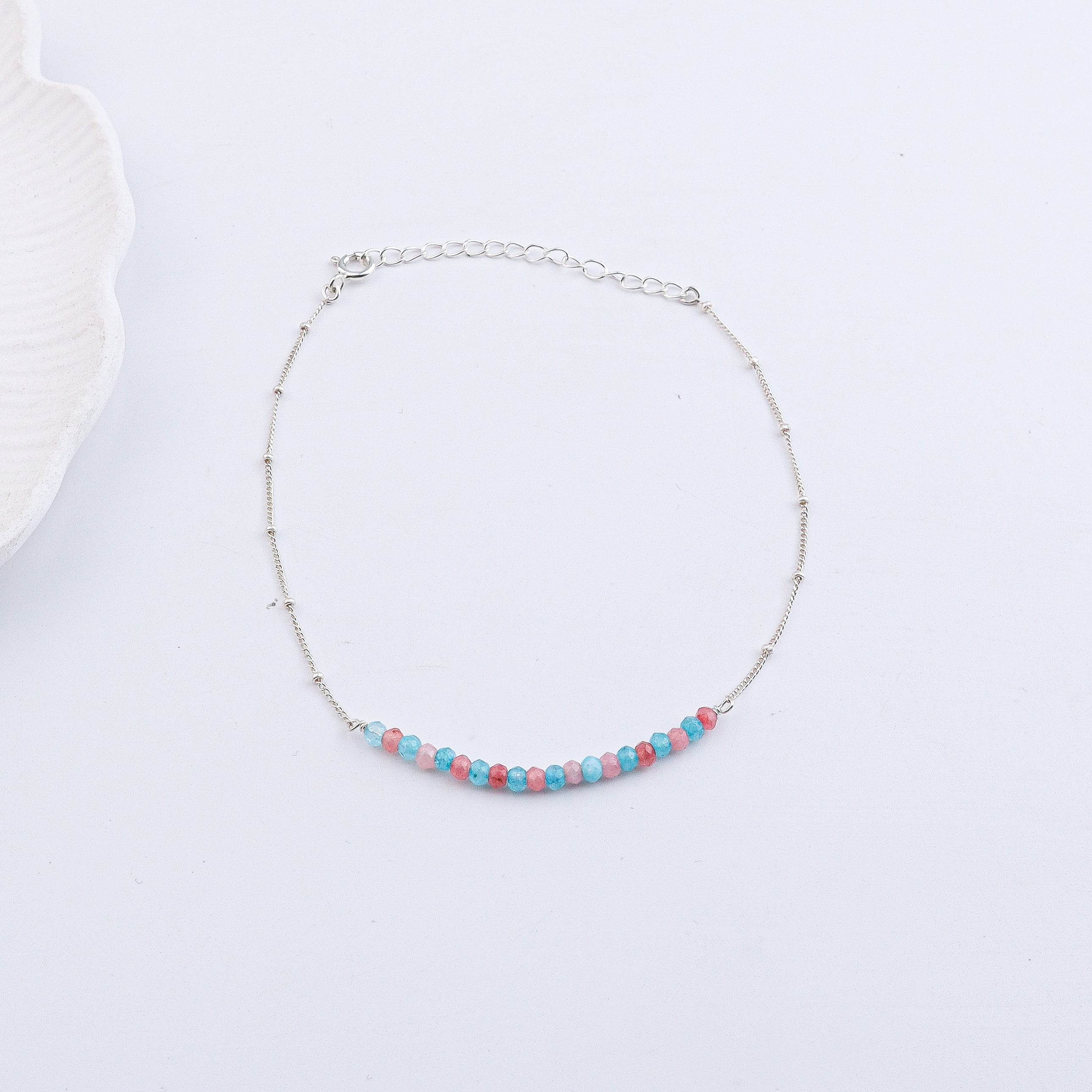 Silver anklet with pastel pink and blue beads