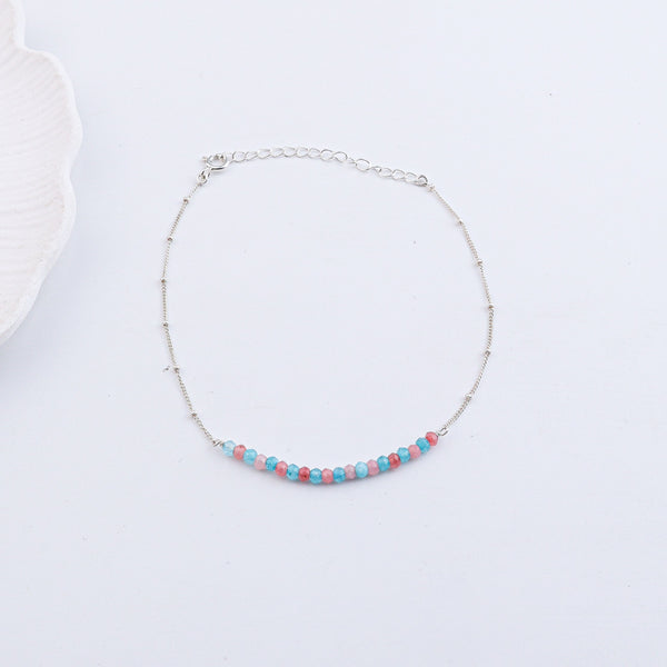 Silver anklet with pastel pink and blue beads