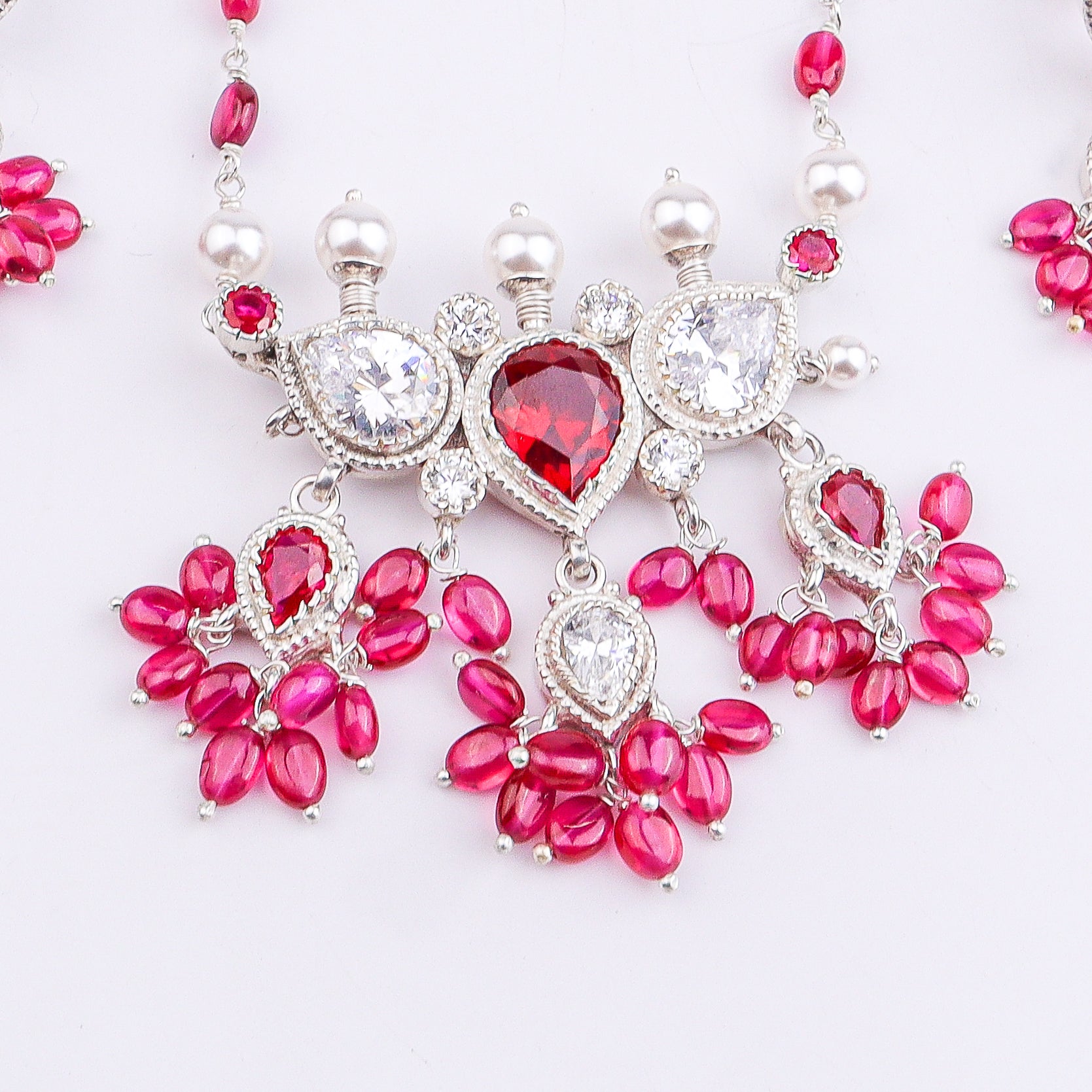 Silver CZ Tanmani Set with Rubies and Pearls