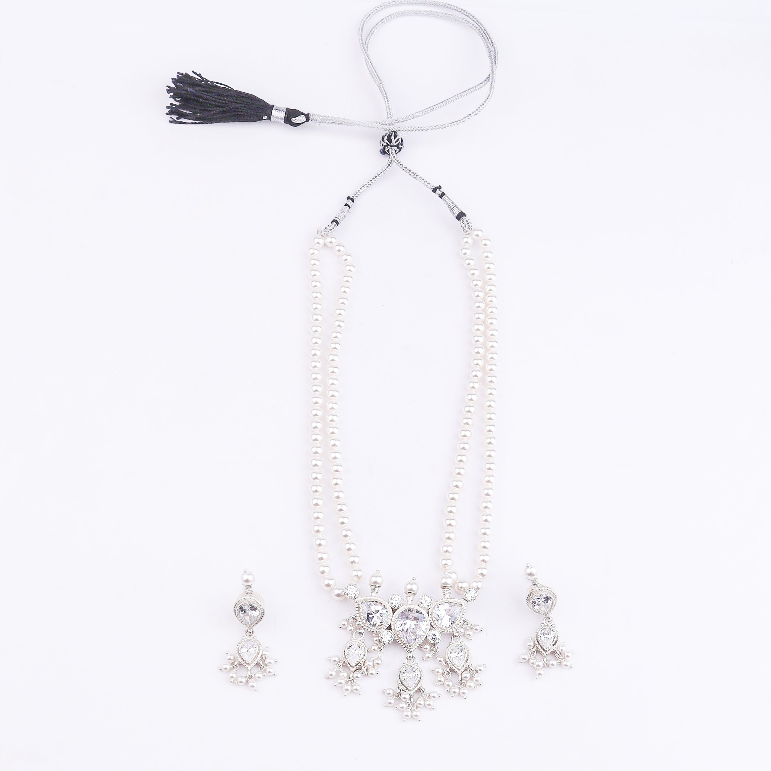 Silver White CZ Tanmani Set with Pearls